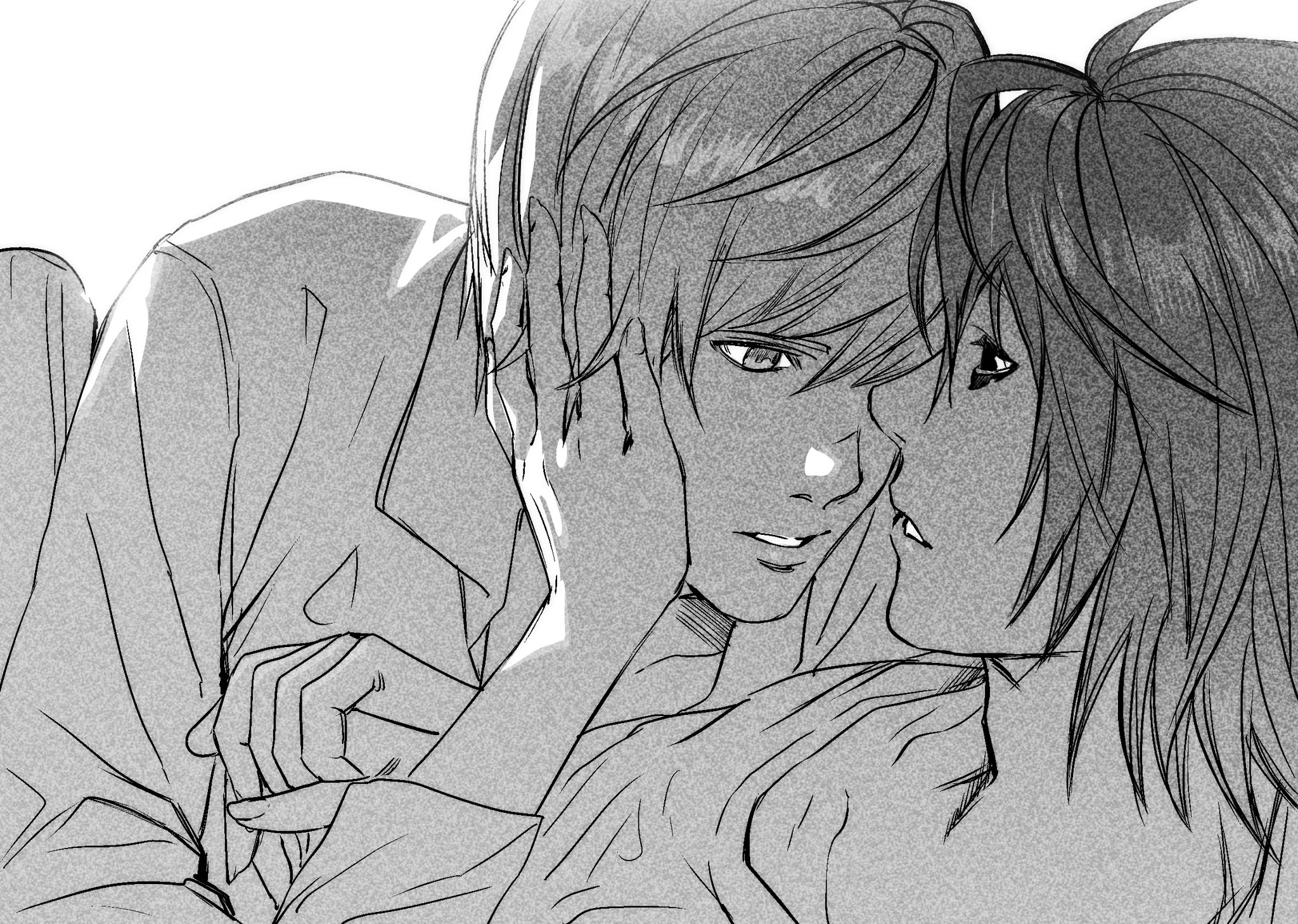 tinh daubuoi, l (death note), yagami light, death note, highres, 2boys, collared shirt, eye contact, face-to-face, looking at another, male focus, multiple boys, on person, parted lips, shirt, short hair, simple background, teeth, white background, yaoi