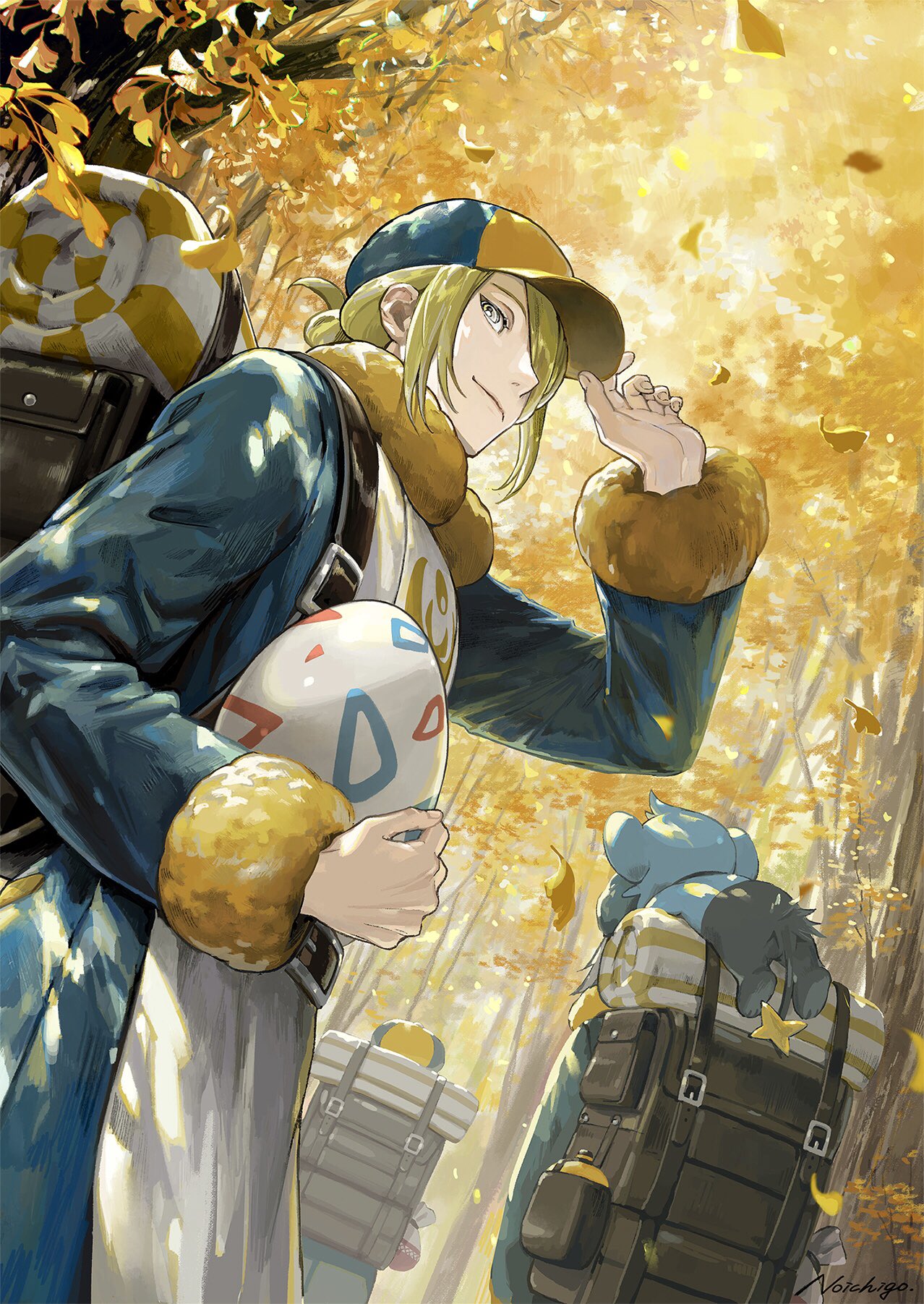 no ichigo, shinx, volo (pokemon), nintendo, pokemon, pokemon legends: arceus, commentary, highres, symbol-only commentary, 1boy, 3others, autumn, autumn leaves, bag, blonde hair, blue fur, bottle, day, egg, falling leaves, forest, gen 4 pokemon, ginkgo guild uniform, hair over one eye, hat, headscarf, holding, leaf, long hair, long sleeves, looking at viewer, male focus, multiple others, nature, outdoors, pokemon (creature), pokemon egg, shirt, short hair, signature, smile, tree, water bottle