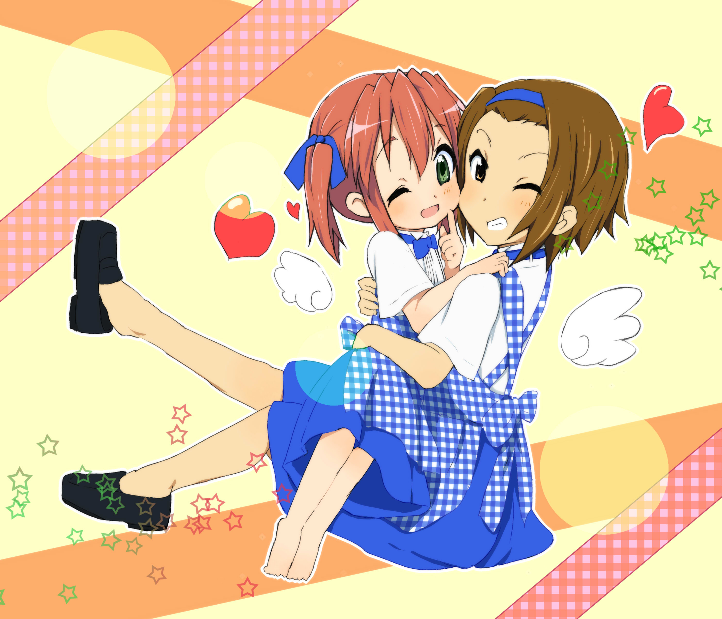 agenasu, kobayakawa yutaka, tainaka ritsu, k-on!, lucky star, absurdres, highres, 00s, 2girls, apron, barefoot, blouse, bow, bowtie, brown eyes, brown hair, crossover, feet, gingham apron, green eyes, grin, hair ribbon, hairband, heart, hug, kobeya uniform, multiple girls, no socks, one eye closed, plaid apron, plaid clothes, red hair, ribbon, shirt, shoe dangle, short hair, smile, toes, twintails, unmoving pattern, waitress, white shirt, wings, wink