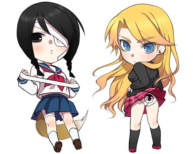 momo uzura, kimura kaere, kobushi abiru, sayonara zetsubou sensei, bad id, bad pixiv id, 00s, 2girls, back, bandage over one eye, bandages, black hair, black socks, blonde hair, braid, chibi, long hair, long sleeves, looking back, miniskirt, multiple girls, neckerchief, panties, pantyshot, plaid clothes, plaid skirt, pleated skirt, print panties, skirt, socks, tail, twin braids, underwear, white panties, white socks