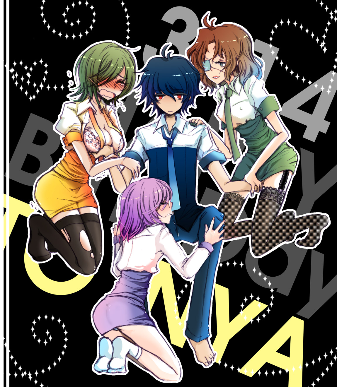 allelujah haptism, lockon stratos, neil dylandy, setsuna f. seiei, tieria erde, gundam, gundam 00, gender request, highres, 00s, 1boy, 3girls, ass, bra, breasts, dress, eyepatch, genderswap, kneeling, multiple girls, panties, sitting, underwear