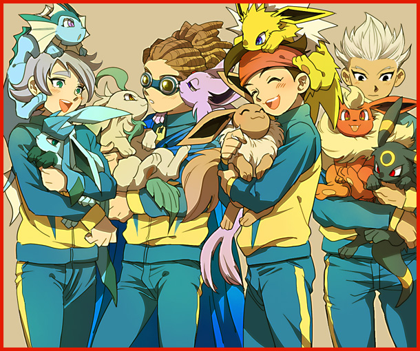 mee, eevee, endou mamoru, espeon, flareon, fubuki shirou, glaceon, gouenji shuuya, jolteon, kidou yuuto, leafeon, umbreon, vaporeon, inazuma eleven, inazuma eleven (series), nintendo, pokemon, crossover, gen 1 pokemon, gen 2 pokemon, gen 4 pokemon, pokemon (creature)