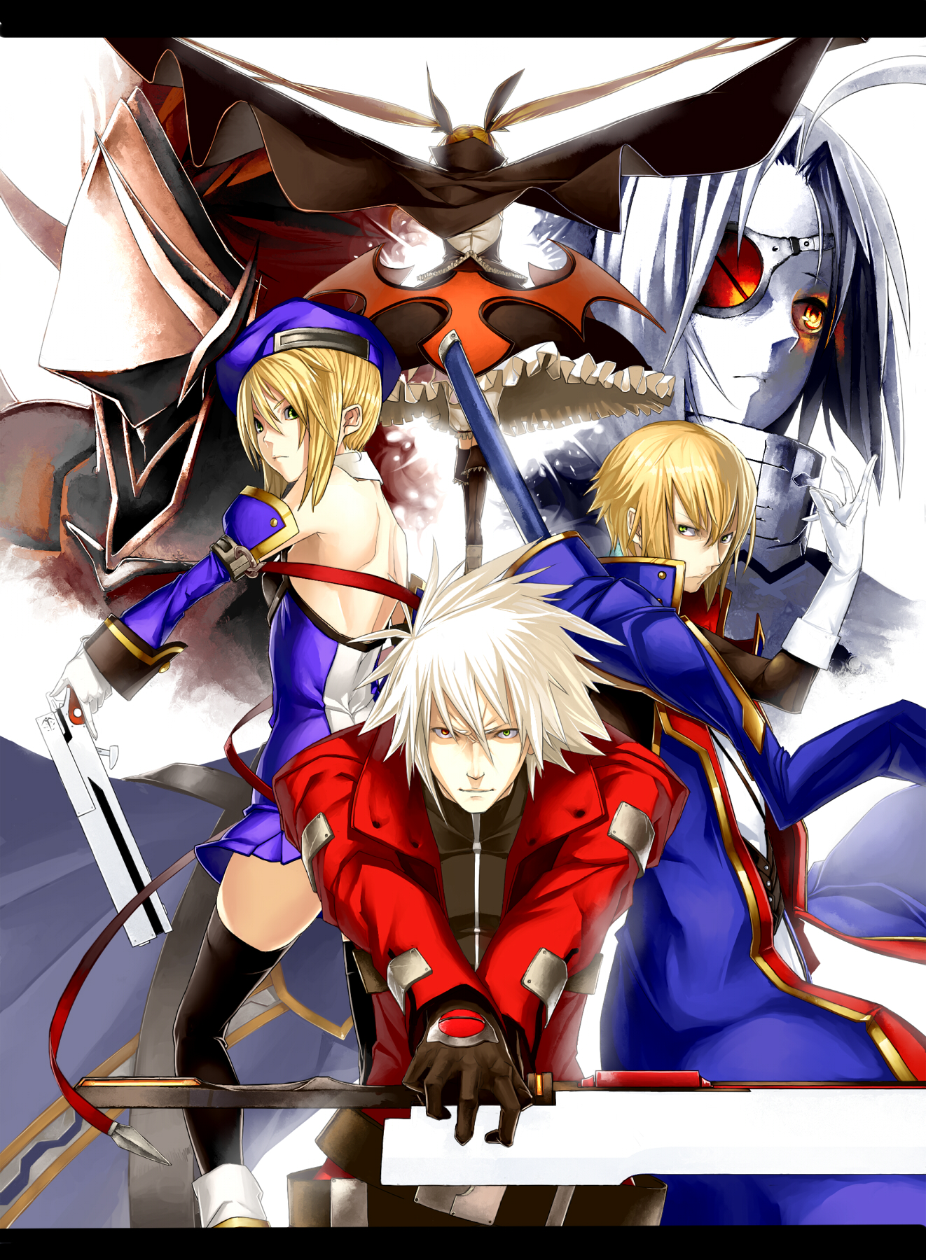 npa (sirokurokuma), hakumen, kisaragi jin, noel vermillion, nu-13, rachel alucard, ragna the bloodedge, arc system works, blazblue, blazblue: calamity trigger, bad id, bad pixiv id, highres, 2boys, 3girls, eyepatch, gun, handgun, multiple boys, multiple girls, sword, thighhighs, weapon