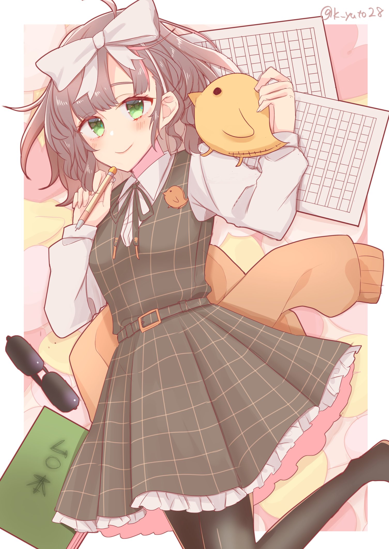 sakura yuto, asuka hina, nijisanji, commentary request, highres, black pantyhose, bow, brown hair, closed mouth, dress, green dress, green eyes, hair bow, holding, holding pen, leg up, lined paper, notebook, outside border, pale skin, pantyhose, pen, plaid clothes, plaid dress, smile, stuffed animal, stuffed toy, white bow