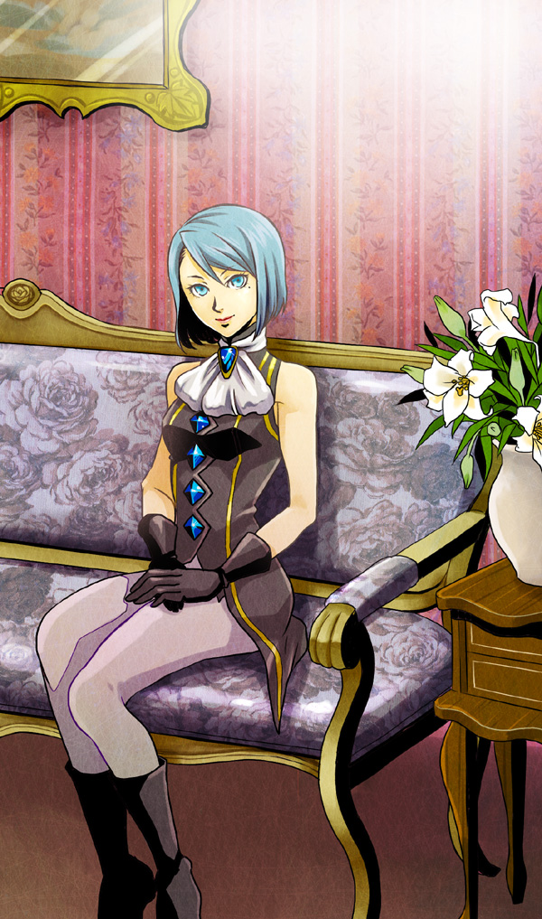 yoshii kyoko, franziska von karma, ace attorney, ace attorney investigations, capcom, phoenix wright: ace attorney – justice for all, spoilers, 1girl, alternate costume, aqua eyes, ascot, black boots, black gloves, blue eyes, blue hair, boots, couch, eyelashes, female focus, floral print, flower, gloves, hair between eyes, head tilt, lipstick, looking at viewer, makeup, matching hair/eyes, mole, mole under eye, pants, short hair, sitting, sleeveless, smile, solo, v arms, vase