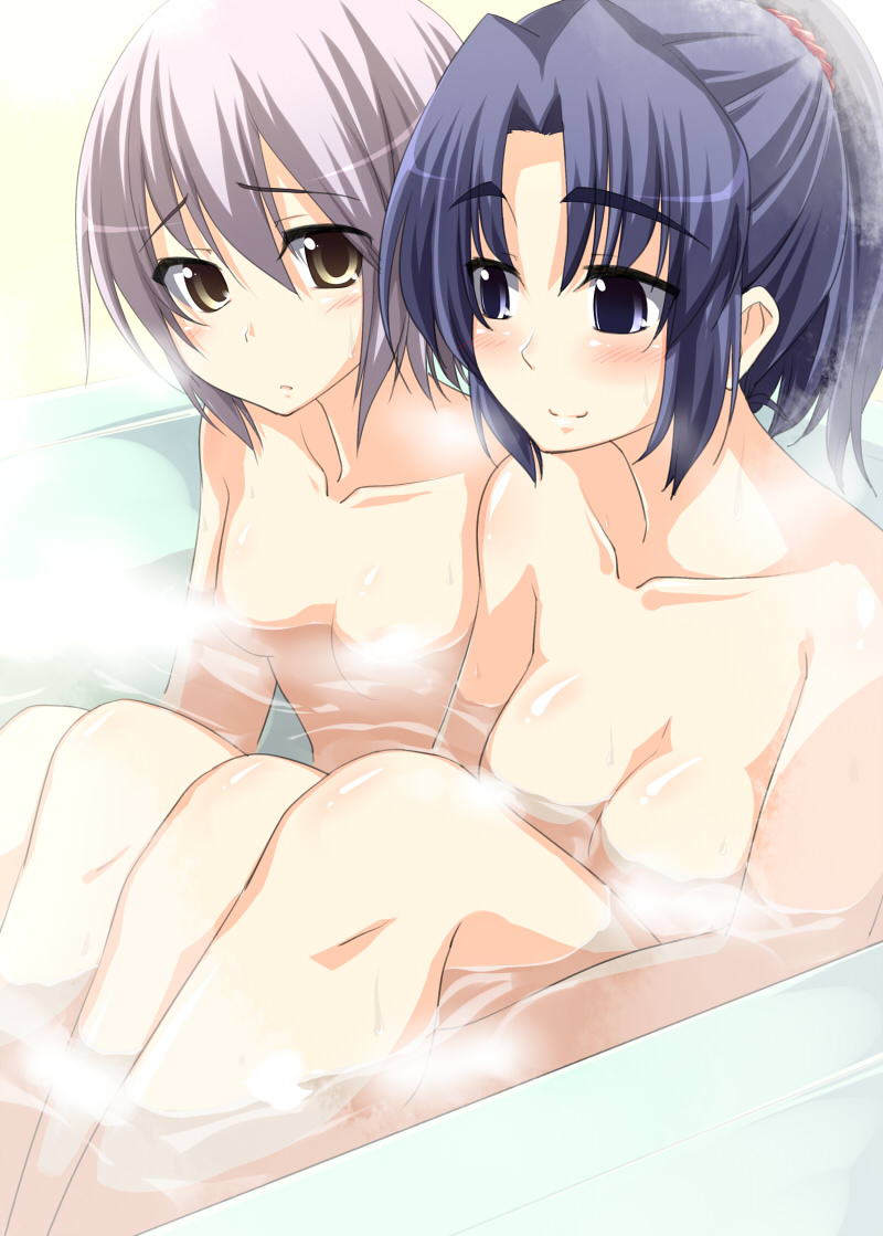 nagami yuu, asakura ryoko, nagato yuki, suzumiya haruhi no shoushitsu, suzumiya haruhi no yuuutsu, 10s, 2girls, bath, bathtub, blue eyes, blue hair, blush, brown eyes, completely nude, multiple girls, nude, same-sex bathing, shared bathing, water