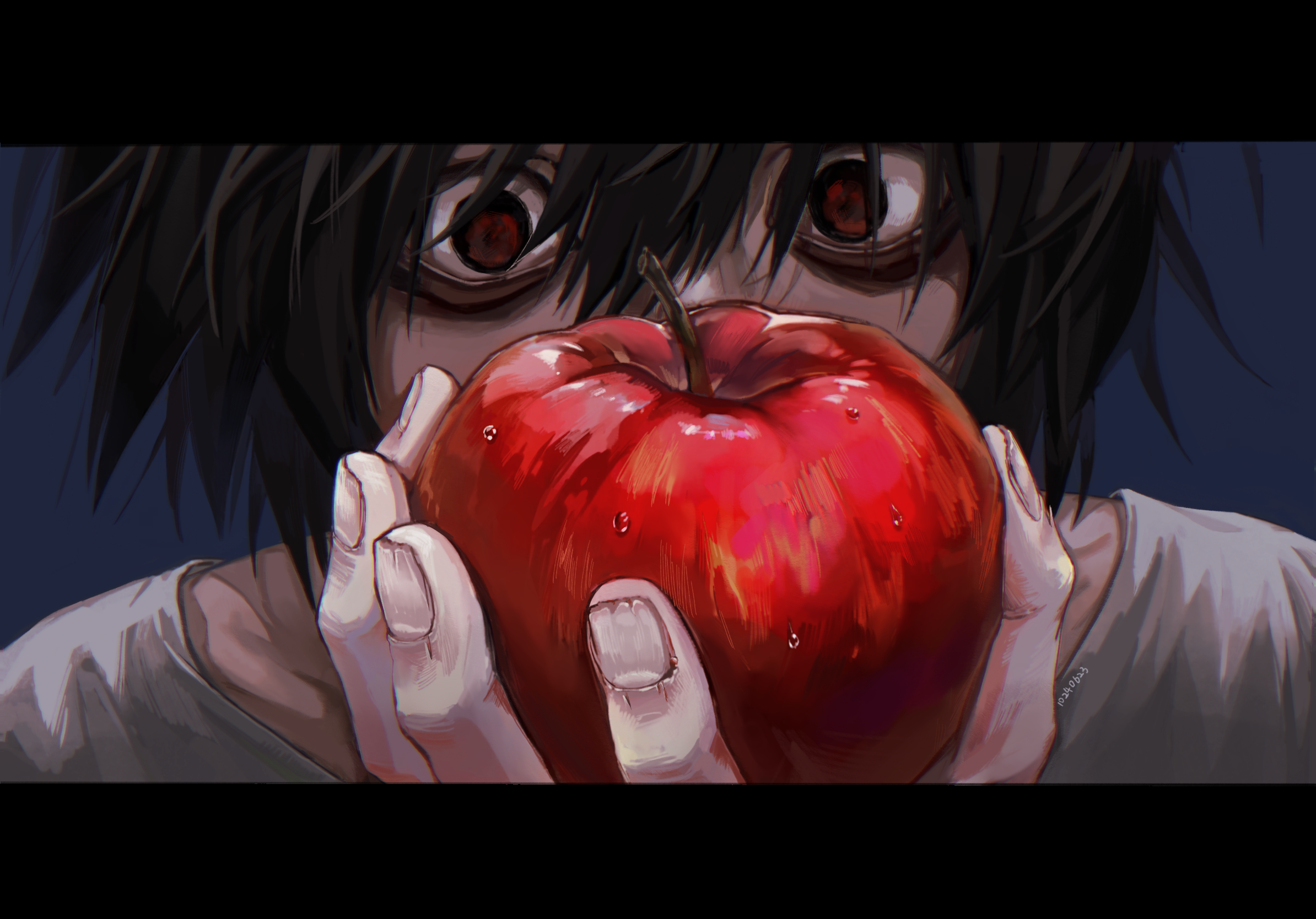 l (death note), death note, chinese commentary, commentary request, highres, partial commentary, 10240623, 1boy, apple, artist name, bags under eyes, black border, black hair, blue background, border, fingernails, food, fruit, hair between eyes, holding, holding food, holding fruit, letterboxed, male focus, short hair, simple background, solo