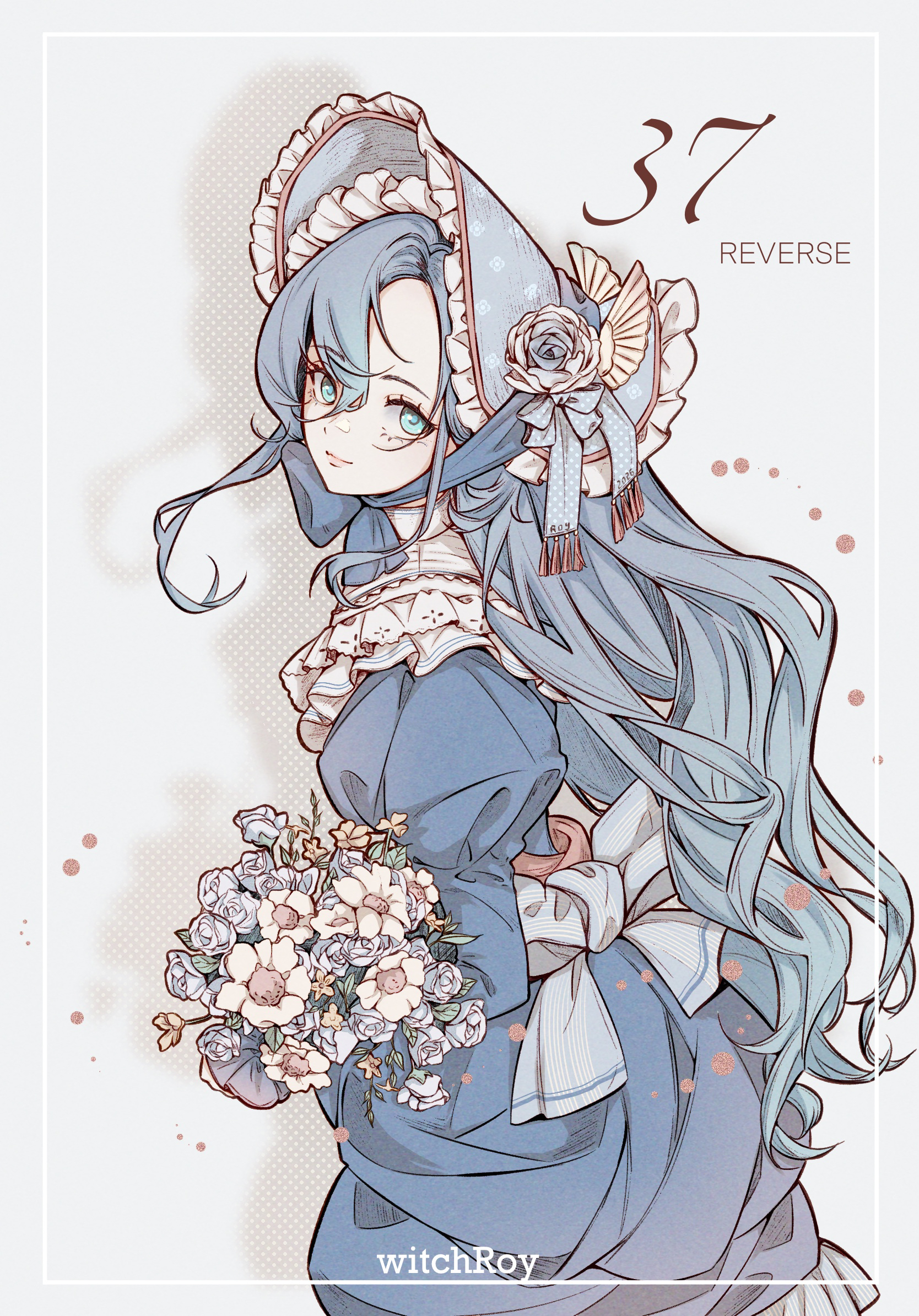 ya (witchroy), 37 (reverse:1999), reverse:1999, chinese commentary, commentary request, highres, 1girl, alternate costume, artist name, blue bonnet, blue dress, blue flower, blue hair, blue hat, bonnet, bouquet, brown eyes, character name, chinstrap, dress, flower, grey background, hair between eyes, hat, holding, holding bouquet, inset border, juliet sleeves, long hair, long sleeves, looking at viewer, puffy sleeves, shadow, solo, upper body, very long hair, white flower, yellow flower