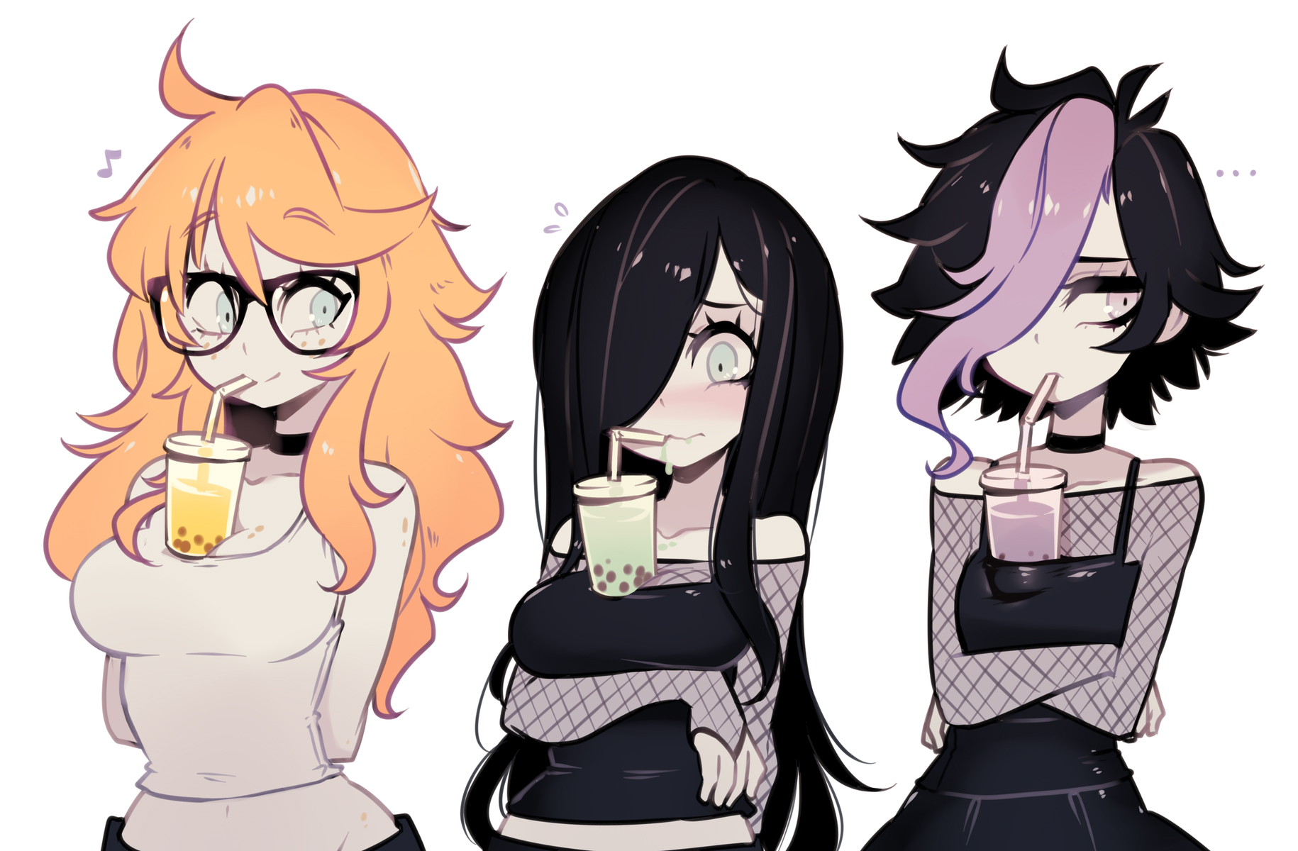 parororo, amora allegro, aria wintermint, kaz asteri, negative frames, original, commentary, english commentary, highres, 3girls, black hair, bubble tea, bubble tea challenge, crop top, fishnet gloves, fishnets, freckles, glasses, gloves, goth fashion, hair over one eye, looking at viewer, multicolored hair, multiple girls, object on breast, orange hair, pink hair