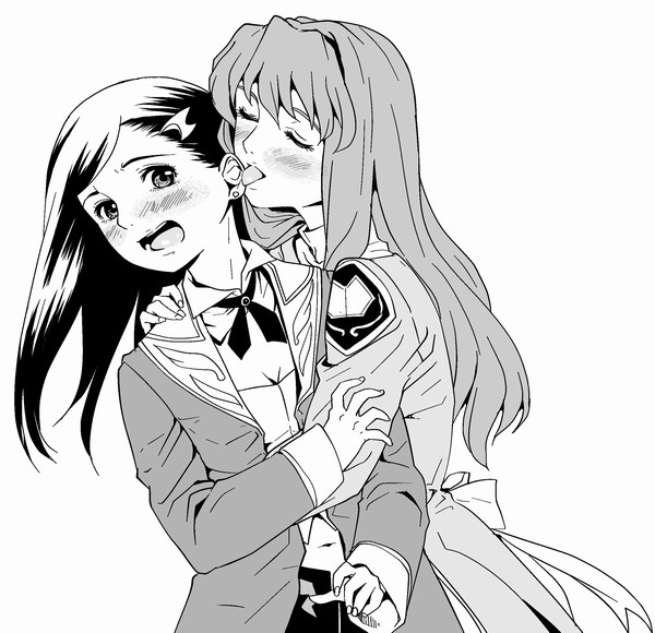 natsuki kruger, shizuru viola, my-otome, 00s, 2girls, blush, closed eyes, ear licking, earrings, female focus, greyscale, hug, jewelry, licking, meister otome uniform, monochrome, multiple girls, navel, open mouth, tongue, yuri