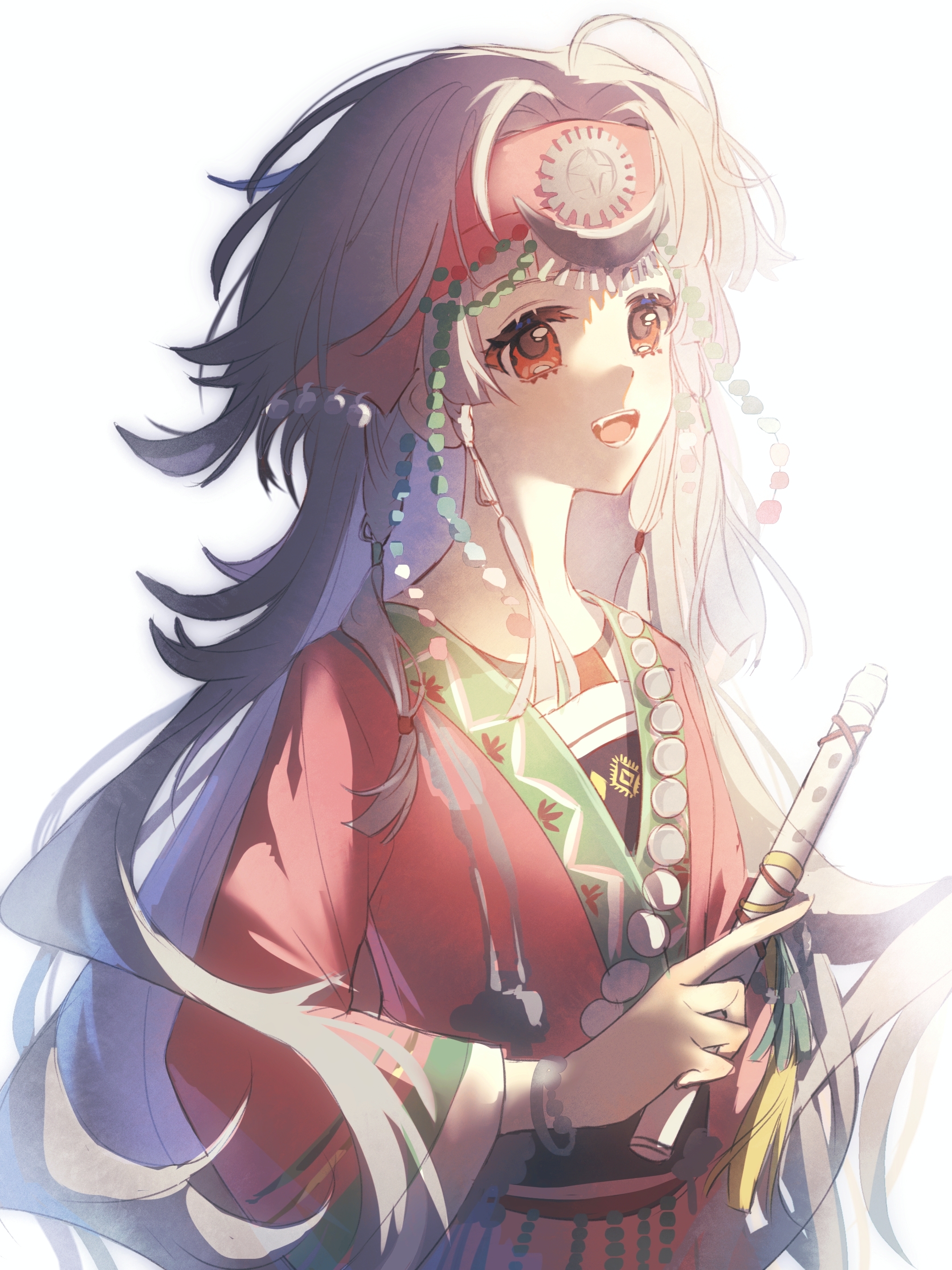 rubuska, reverse:1999, absurdres, chinese commentary, commentary request, highres, 1girl, :d, bracelet, flute, grey hair, hand up, headband, holding, holding flute, holding instrument, huodadada, instrument, jewelry, long hair, long sleeves, official alternate costume, open mouth, pink headband, pink shirt, red eyes, shirt, sidelighting, smile, solo, upper body, white background