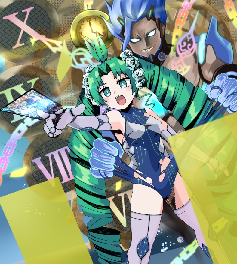 coco apollon, kiriko (duel masters), duel masters, duel masters play's, commentary request, 1boy, 1girl, antenna hair, aqua eyes, between fingers, blue hair, blue leotard, boots, card, card between fingers, clenched teeth, clock, covered navel, drill hair, elbow gloves, energy barrier, energy shield, flower, gloves, green eyes, hair flower, hair ornament, holding, imminent rape, leotard, long hair, open mouth, tearing clothes, teeth, the clock (duel masters), thigh boots, torn clothes, torn leotard, trading card, twin drills, very long hair, white eyes, white gloves