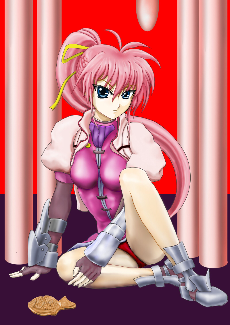 kams, signum, lyrical nanoha, mahou shoujo lyrical nanoha, commentary request, >:(, 1girl, arm guards, armored shoes, blue eyes, braid, cropped jacket, crown braid, dress, fingerless gloves, food, gloves, hair ribbon, high ponytail, legs, long hair, looking at viewer, panties, pantyshot, pink dress, pink hair, ponytail, puffy short sleeves, puffy sleeves, red panties, ribbon, short sleeves, sidelocks, spread legs, taiyaki, tsurime, underwear, v-shaped eyebrows, very long hair, wagashi, yellow ribbon
