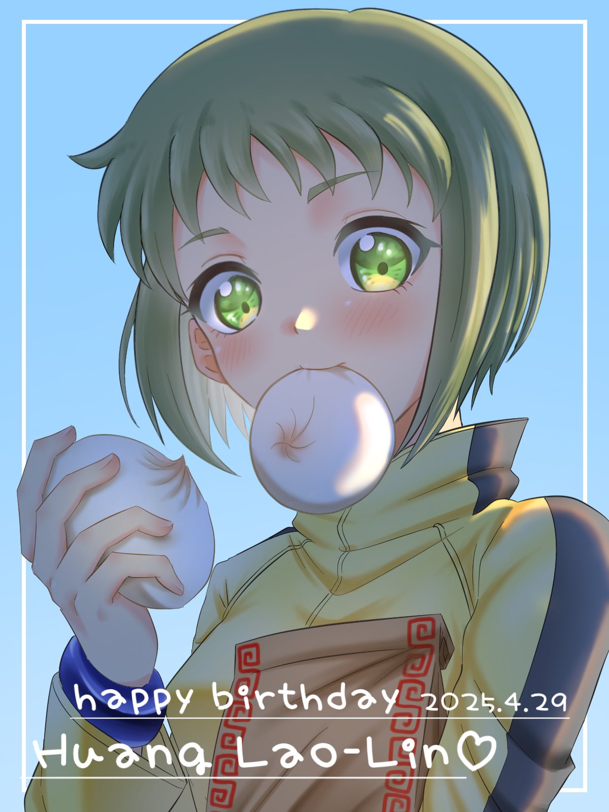 huang pao-lin, tiger & bunny, commentary request, highres, 1girl, bag, blue background, blush, character name, dated, dumpling, eyelashes, food, food in mouth, green eyes, happy birthday, heart, holding, holding bag, holding food, kamubakku 93003, long sleeves, paper bag, short hair, solo
