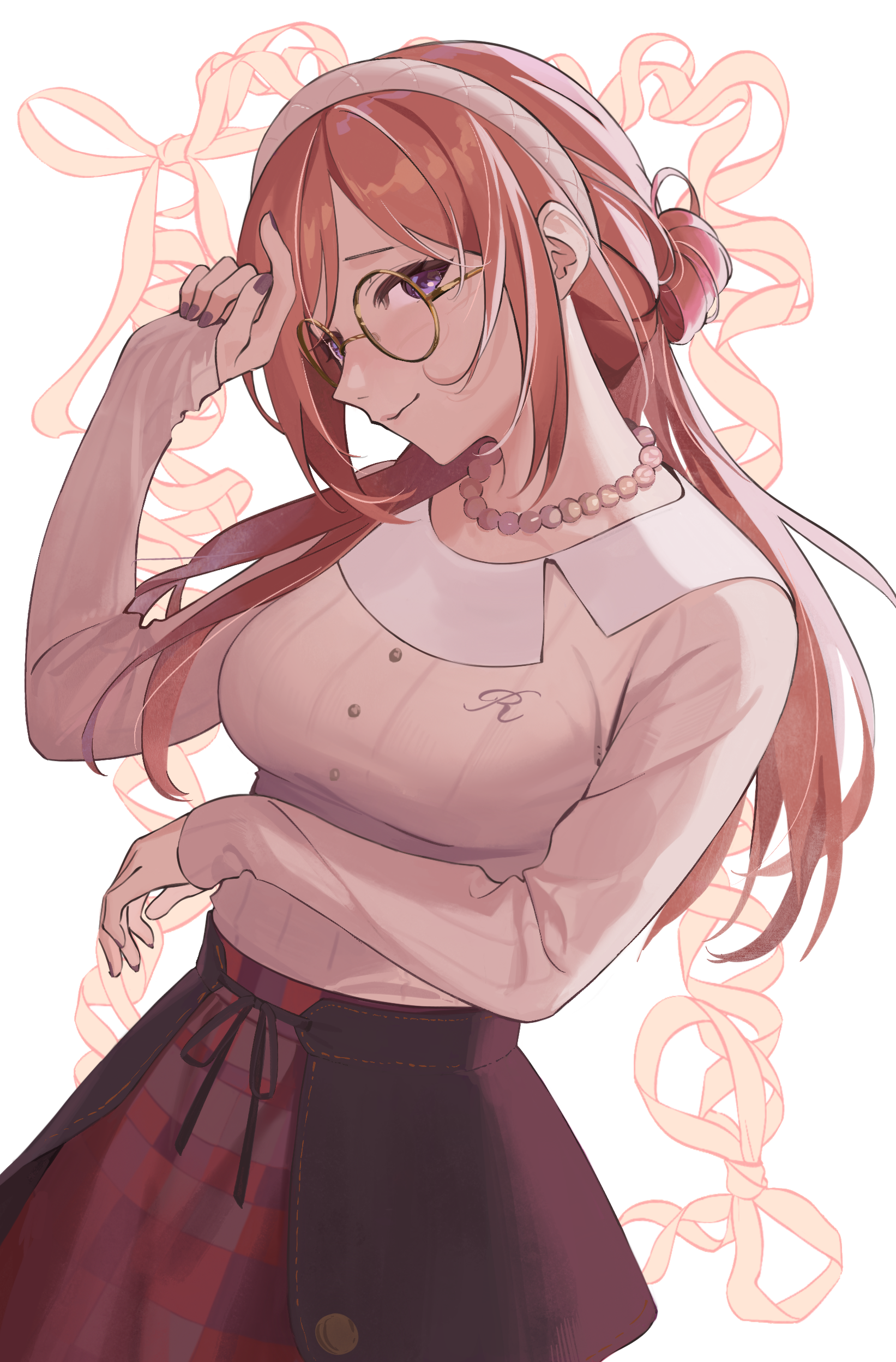 kaveiz, himesaki rinami, gakuen idolmaster, idolmaster, absurdres, commentary request, highres, 1girl, bespectacled, blue eyes, breasts, brown hair, glasses, hairband, jewelry, long hair, long sleeves, medium breasts, necklace, pearl necklace, red skirt, ribbon, round eyewear, shirt, skirt, solo, white hairband, white shirt