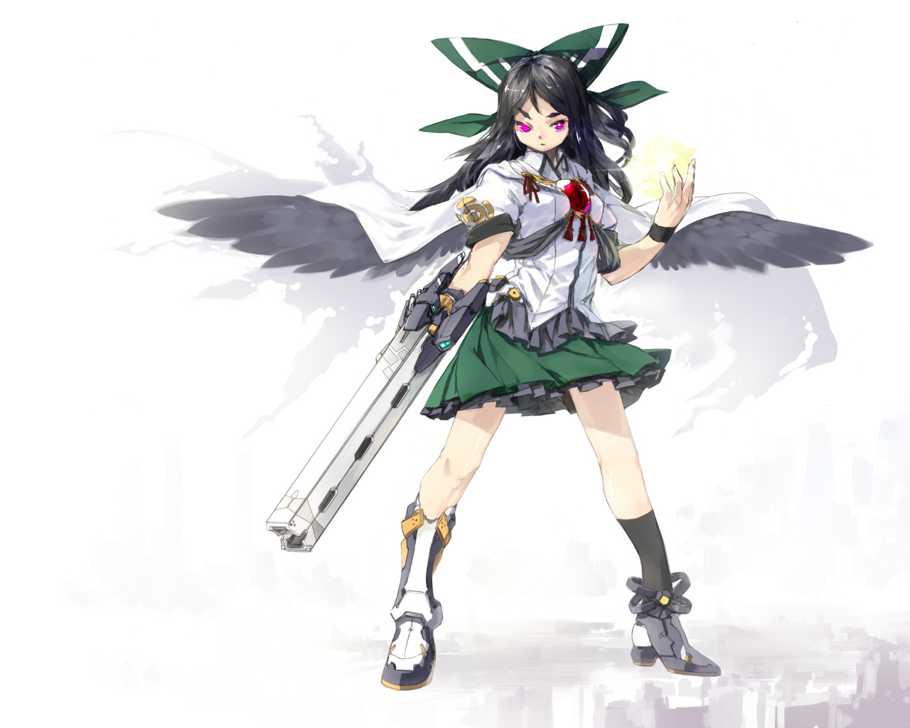 tlman, reiuji utsuho, touhou, 1girl, alternate weapon, arm cannon, black hair, bow, female focus, hair bow, long hair, pink eyes, solo, weapon, wings