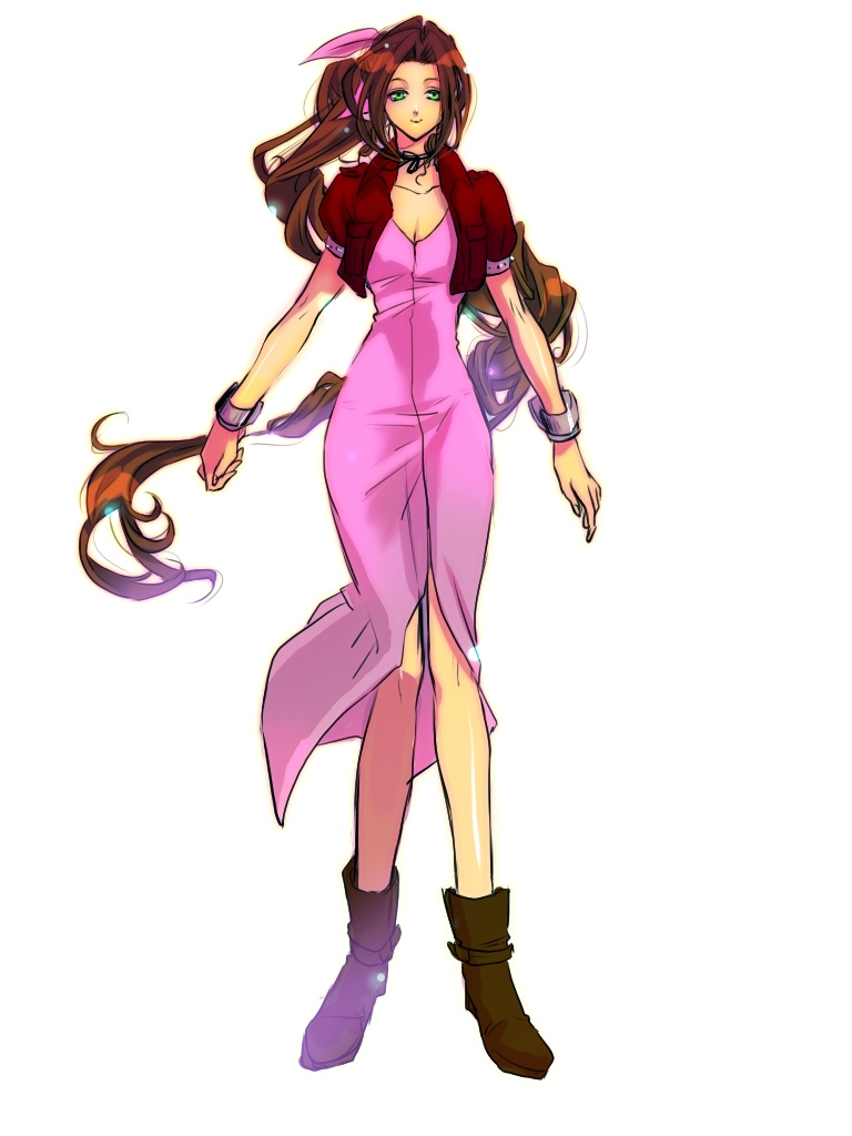 eni (yoyogieni), aerith gainsborough, final fantasy, final fantasy vii, square enix, 1990s (style), 1girl, boots, brown hair, dress, female focus, full body, green eyes, jacket, long hair, pink ribbon, ponytail, retro artstyle, ribbon, simple background, solo, white background, wristband