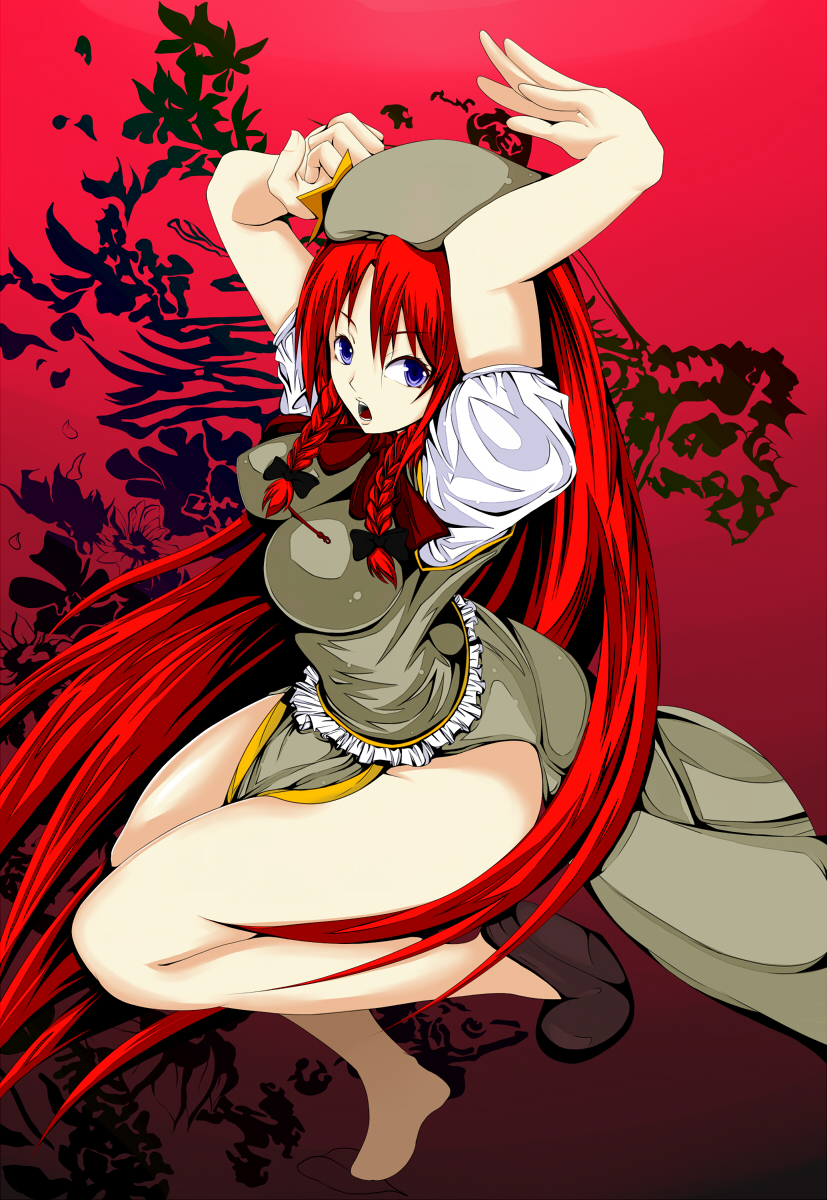 traces, hong meiling, embodiment of scarlet devil, touhou, bad id, bad pixiv id, highres, 1girl, artistic error, bad anatomy, blue eyes, braid, breasts, china dress, chinese clothes, dress, female focus, full body, hat, long hair, red hair, shoes, single shoe, solo, twin braids