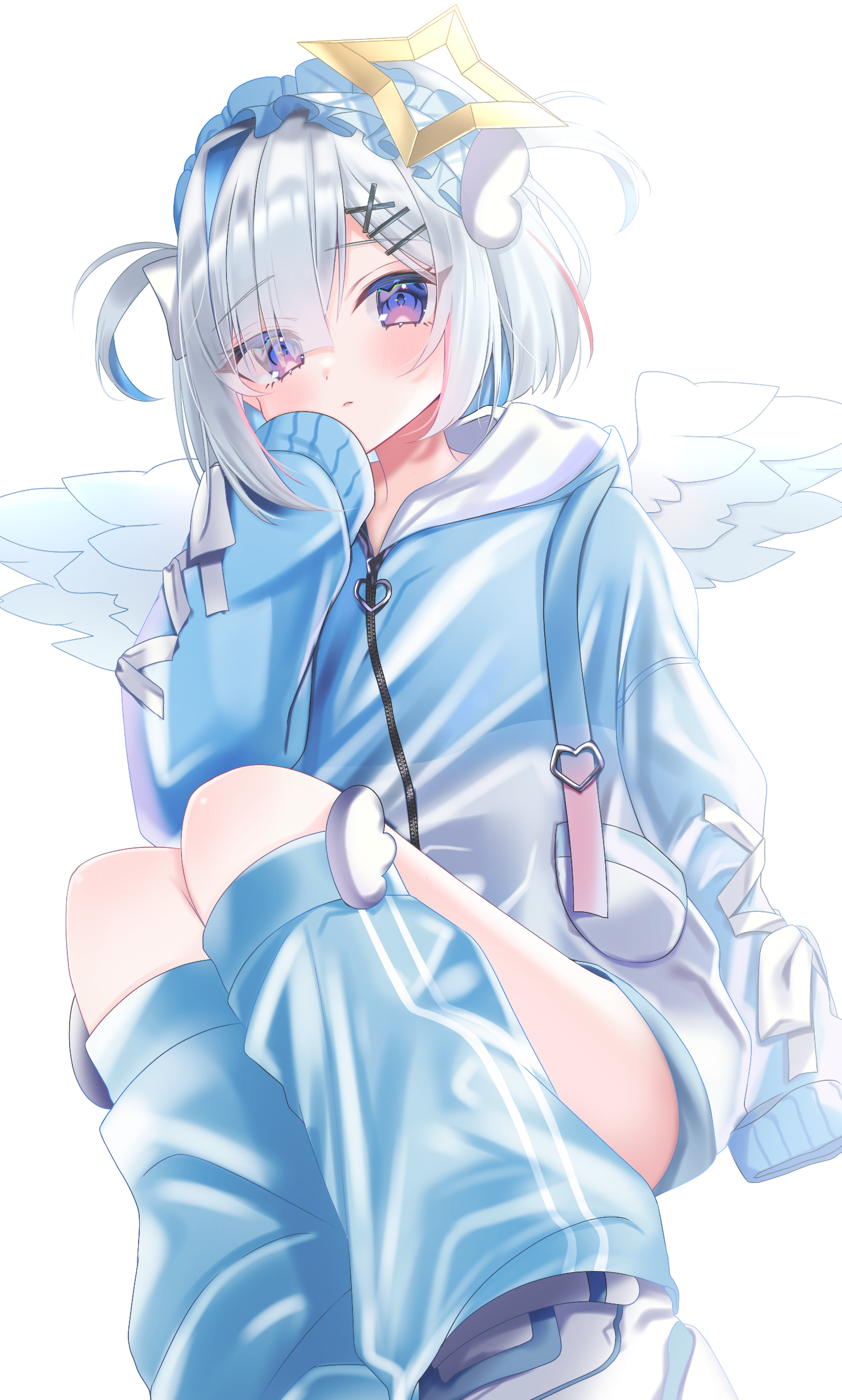 hosimiya yume, amane kanata, hololive, absurdres, commentary request, highres, 1girl, alternate costume, angel, angel wings, blue hoodie, blue leg warmers, blush, closed mouth, hair ornament, hairpin, halo, hood, hoodie, leg warmers, medium hair, multicolored hair, pink streaks, sleeves past fingers, sleeves past wrists, star halo, streaked hair, two side up, virtual youtuber, white background, wings, x hair ornament