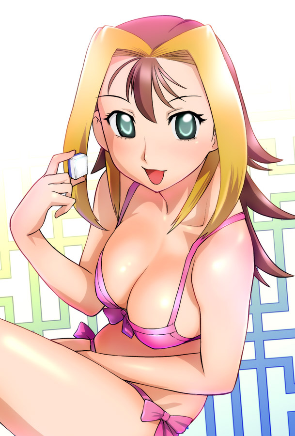 ueyama michirou, okaba miiko, utahime obaka miiko, 1girl, aqua eyes, bikini, blonde hair, board game, breasts, brown hair, cleavage, female focus, holding, holding mahjong tile, large breasts, mahjong, mahjong tile, multicolored hair, pink bikini, solo, swimsuit
