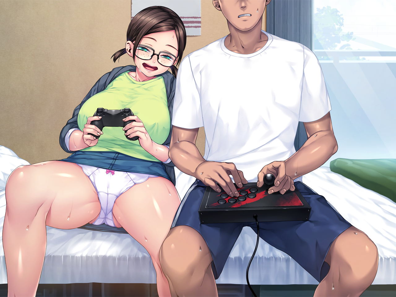 sumeragi kohaku, akihara shiho, sexfri osananajimi, 1boy, 1girl, arcade stick, bed, bed sheet, bedroom, blue shorts, blue skirt, bow, bow panties, breasts, brown hair, cameltoe, controller, crew neck, curtains, denim, denim skirt, faceless, faceless male, feet out of frame, forehead, freckles, game controller, glasses, gluteal fold, green eyes, green shirt, grey hoodie, head out of frame, head tilt, holding, holding controller, hood, hood down, hoodie, huge breasts, indoors, joystick, knees, low twintails, narrowed eyes, on bed, open clothes, open hoodie, open mouth, panties, parted bangs, pencil skirt, pillow, playing games, playing video games, playstation controller, shirt, short hair, short sleeves, short twintails, shorts, sidelocks, sitting, skirt, sleeves pushed up, smile, spread legs, sweat, thick thighs, thighs, twintails, underwear, white panties, white sheet, white shirt