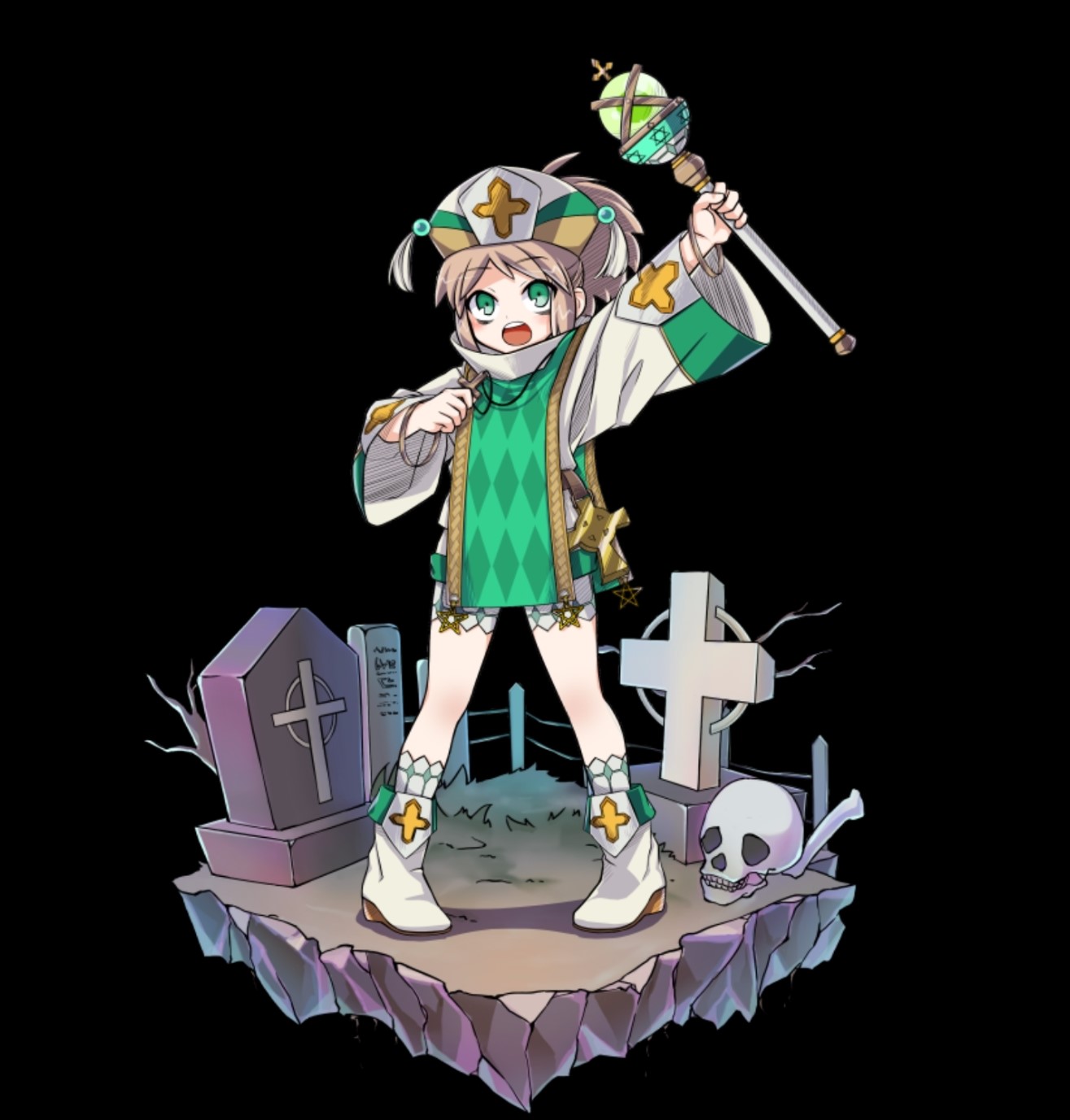 merc storia art team, merc storia, highres, official art, 1girl, arm up, black background, blush, bone, boots, breasts, brown hair, cross, dress, full body, grave, graveyard, green eyes, hat, holding, holding rod, holding weapon, long sleeves, looking up, marley (merc storia), open mouth, outstretched arm, pantyhose, ponytail, rod, short dress, sidelocks, simple background, skull, small breasts, solo, standing, tachi-e, teeth, upper teeth only, weapon, white boots, white pantyhose, wide sleeves