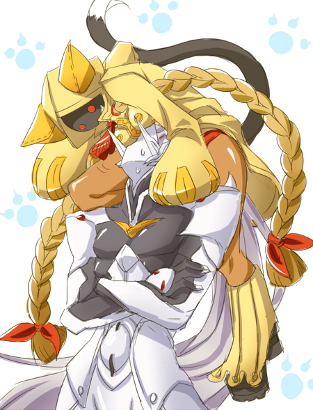 akatsuki tomato, hakumen, taokaka, arc system works, blazblue, blazblue: calamity trigger, animal ears, armor, blonde hair, braid, breast rest, breasts, cat ears, cat tail, crossed arms, dark skin, glowing, glowing eyes, grin, helmet, hood, long hair, panties, red eyes, red panties, smile, tail, twin braids, underwear