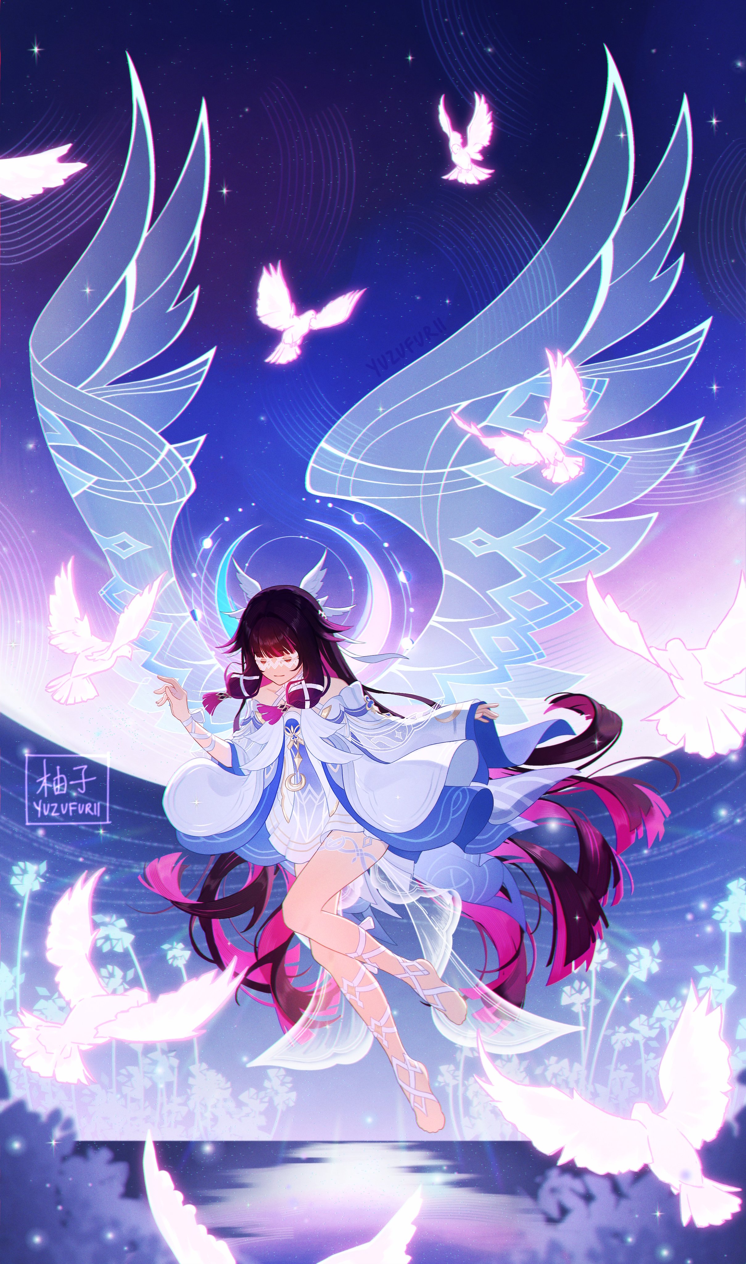 yuzufurii, columbina (genshin impact), genshin impact, absurdres, commentary, english commentary, highres, 1girl, arm ribbon, artist name, bare shoulders, bird, black hair, blue dress, blunt bangs, closed eyes, closed mouth, colored inner hair, crescent, dove, dress, eye mask, feathered wings, feet, floating hair, flock, flower, flying, gradient hair, hair ribbon, halo, head wings, leg ribbon, light particles, long hair, long sleeves, mask, moon phases, multicolored dress, multicolored hair, multiple wings, plant, purple hair, ribbon, sidelocks, smile, solo, sparkle, streaked hair, transparent wings, very long hair, water, white dress, white mask, white ribbon, white wings, wide sleeves, wings