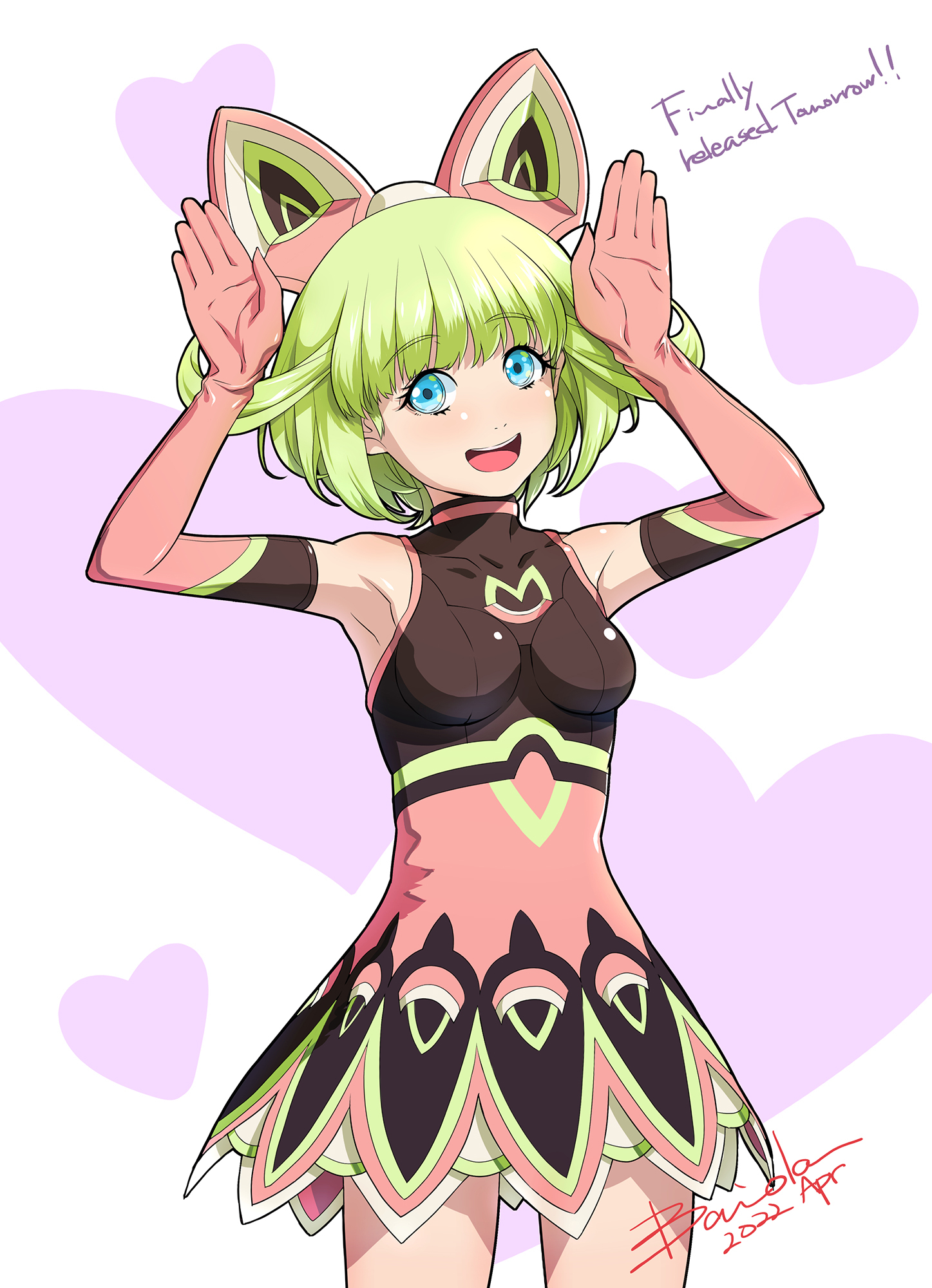 baiola, tiger & bunny, commentary request, highres, 1girl, animal ear hairband, animal ears, aqua eyes, armpits, arms up, bare shoulders, blush, breasts, cowboy shot, dated, elbow gloves, english text, eyelashes, fake animal ears, gloves, green hair, hairband, heart, heart background, lara tchaikoskaya, medium hair, open mouth, pink gloves, signature, smile, solo, teeth, upper teeth only