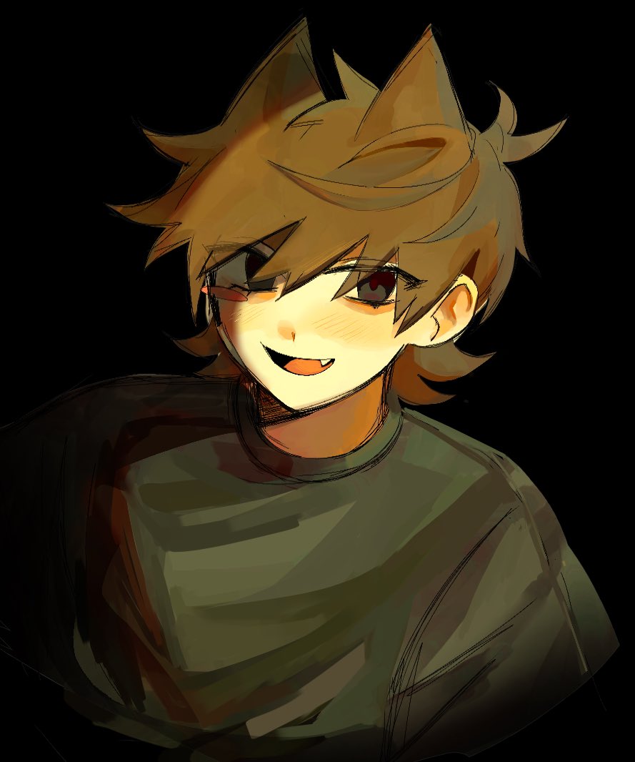 eddsworld, commentary, 1boy, :d, animification, antenna hair, black background, black eyes, blush stickers, brown hair, bxbytore, cropped shoulders, fang, flipped hair, grey shirt, hair behind ear, hair ears, light blush, looking at viewer, male focus, open mouth, shirt, short hair, simple background, single blush sticker, smile, solo, tord (eddsworld)