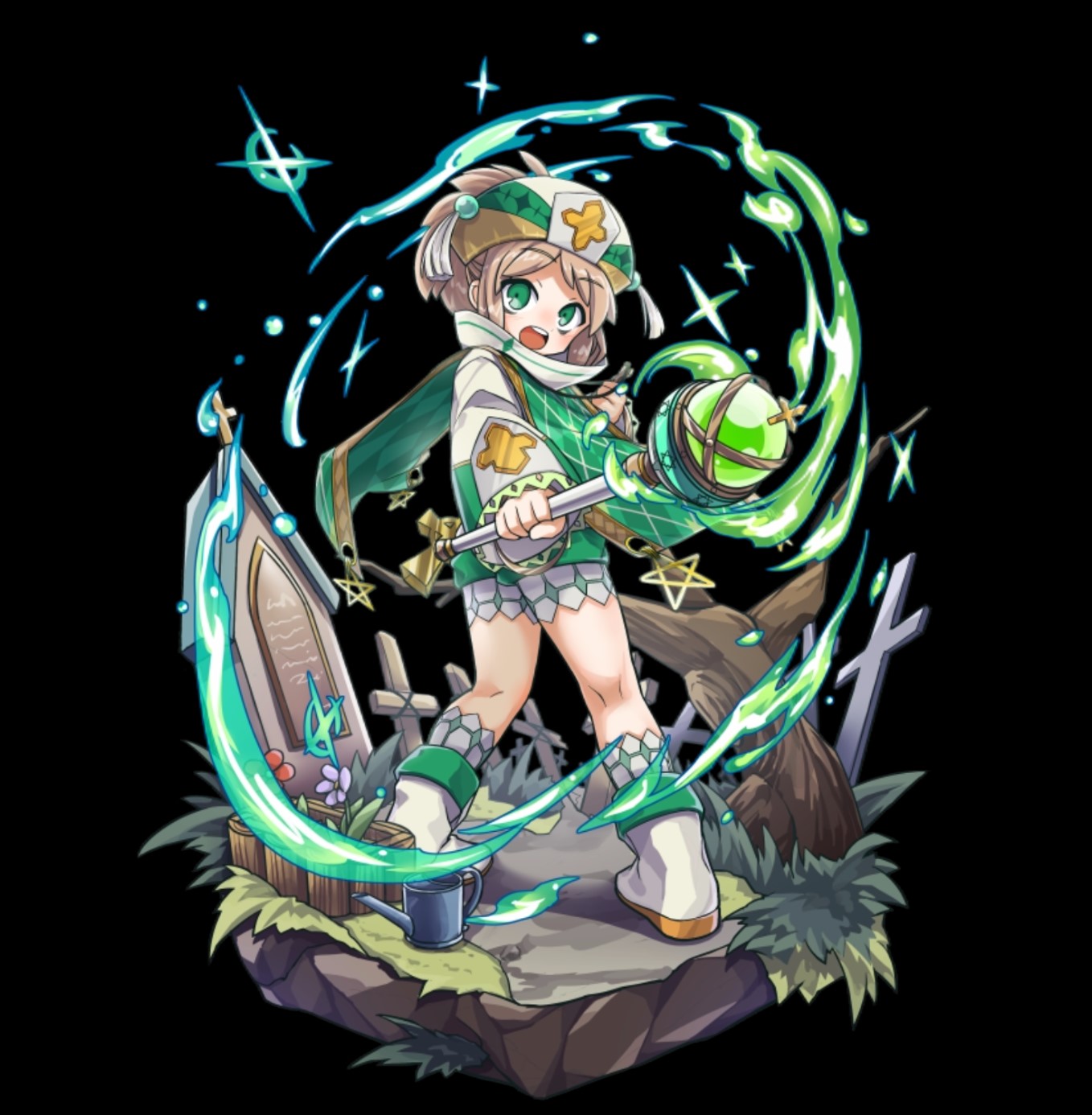 merc storia art team, merc storia, highres, official art, 1girl, bare tree, black background, blush, boots, breasts, brown hair, cross, dress, flower, flower bed, from behind, full body, grave, graveyard, green eyes, hat, holding, holding cross, holding rod, holding weapon, house, long sleeves, looking at viewer, looking back, marley (merc storia), open mouth, outstretched arm, pantyhose, ponytail, rod, short dress, sidelocks, simple background, small breasts, solo, standing, tachi-e, teeth, tree, upper teeth only, watering can, weapon, white boots, white pantyhose, wide sleeves