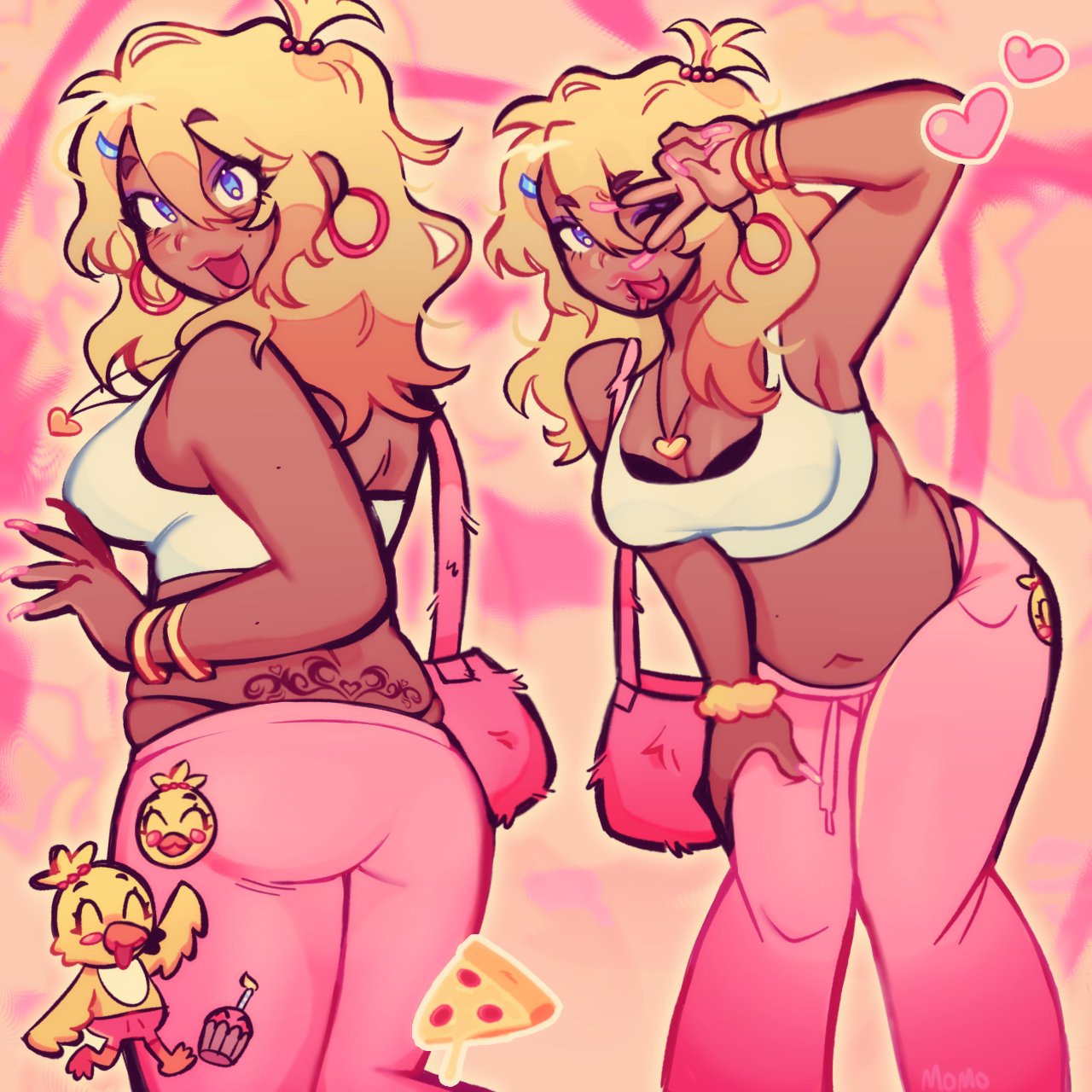toy chica, five nights at freddy's, five nights at freddy's 2, commentary, english commentary, highres, 1girl, :3, animification, ass, back tattoo, bag, black bra, blonde hair, blue eyes, bra, bracelet, breasts, chibi, chibi inset, cowboy shot, crop top, cupcake, cupcake (fnaf), cyber sigilism, dark-skinned female, dark skin, earrings, eyeshadow, food, fur bag, furry and humanization, gyaru, hair between eyes, hair bobbles, hair ornament, handbag, heart, heart necklace, heart tattoo, hoop earrings, humanization, jewelry, large breasts, lips, long hair, looking at viewer, makeup, mcbling, midriff, multiple views, navel, necklace, one eye closed, pants, pink bag, pink nails, pink pants, pizza, plump, purple eyeshadow, rincloudd, stomach, tank top, tattoo, tongue, tongue out, topknot, tramp stamp, underwear, v, white tank top, y2k fashion