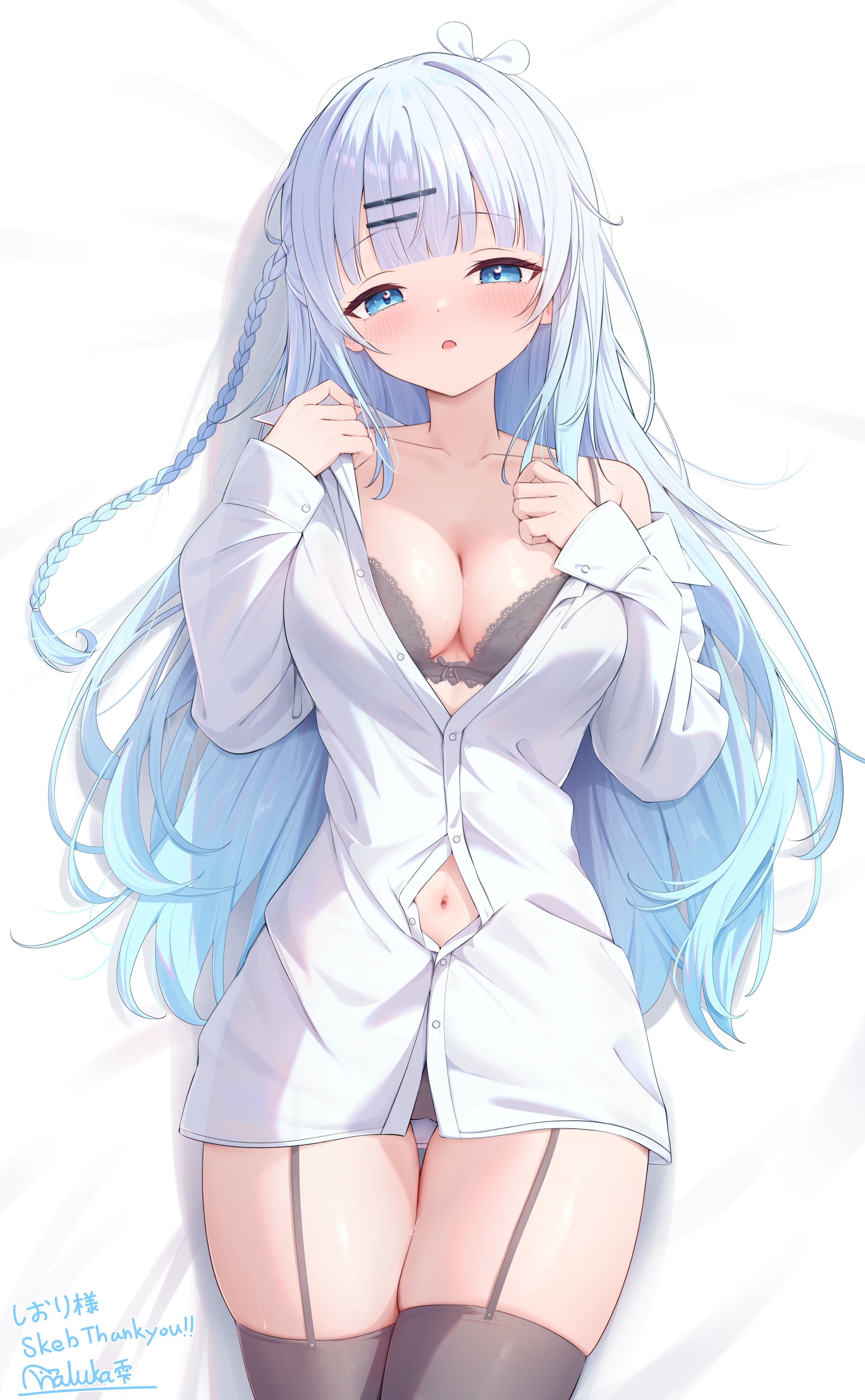 haluka o0, usui yura, project nebula, absurdres, commentary request, commission, highres, second-party source, skeb commission, 1girl, black bra, black thighhighs, blue eyes, blue hair, blush, bra, braid, breasts, cleavage, collarbone, garter straps, hair ornament, hairclip, long hair, lying, medium breasts, navel, on back, partially unbuttoned, shirt, single off shoulder, solo, thank you, thighhighs, underwear, virtual youtuber, white shirt