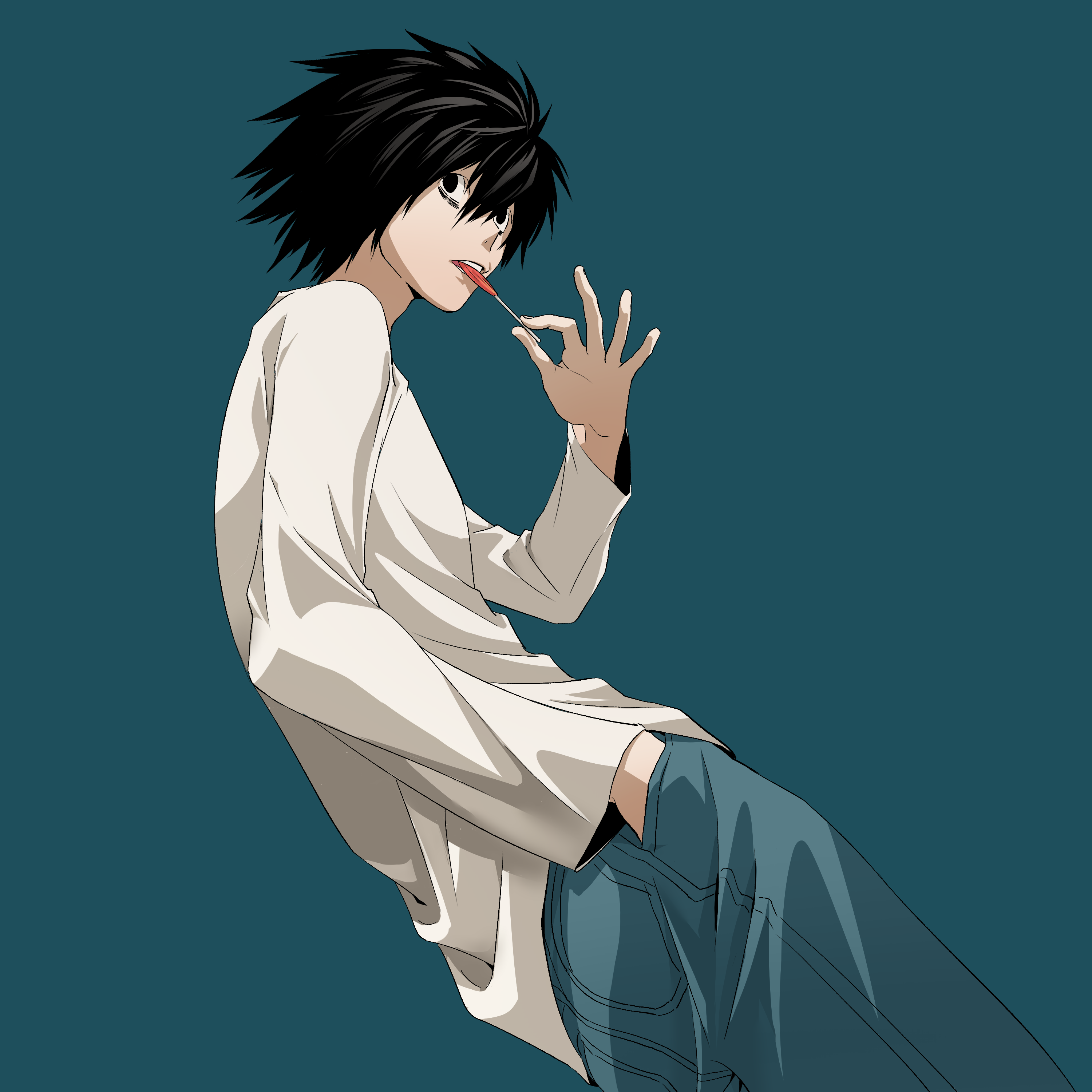 wakana kuraguchi, l (death note), death note, absurdres, commentary request, highres, 1boy, bags under eyes, black eyes, black hair, candy, food, from below, from side, holding, holding candy, holding food, holding lollipop, lollipop, long sleeves, male focus, pants, shirt, short hair, simple background, solo, white shirt