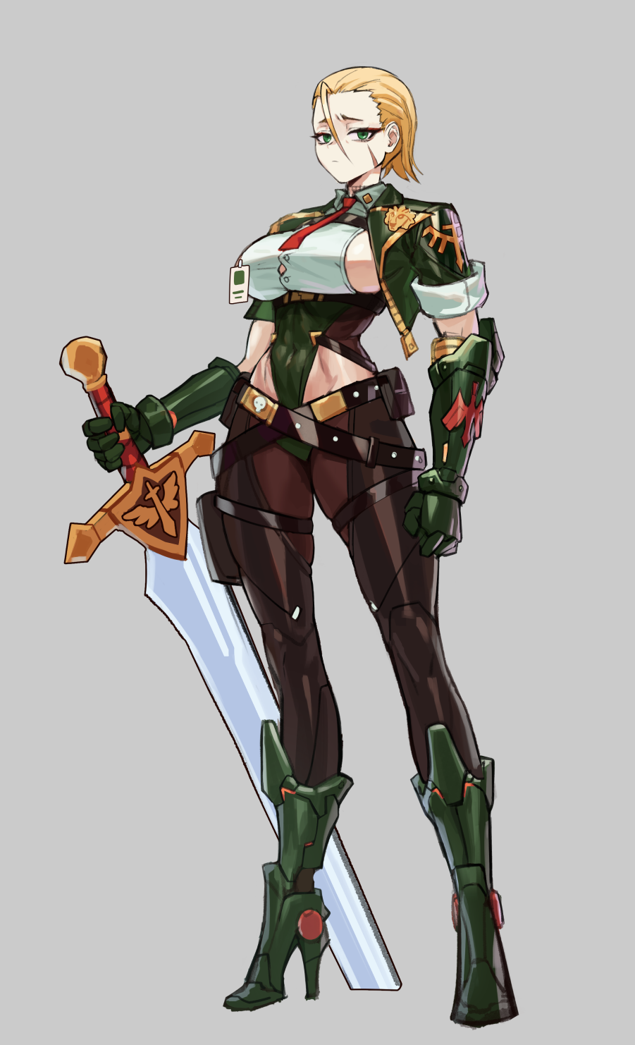 podobrick, lion el'jonson, warhammer 40k, commentary, english commentary, highres, 1girl, armored boots, belt, blonde hair, boots, breasts, facial scar, full body, gauntlets, genderswap, genderswap (mtf), green eyes, grey background, hair pulled back, high heels, highleg, highleg leotard, holding, holding sword, holding weapon, id card, jacket, large breasts, leotard, looking at viewer, multiple belts, necktie, open clothes, open jacket, planted, planted sword, planted weapon, scar, scar on cheek, scar on face, sideboob, solo, standing, sword, weapon