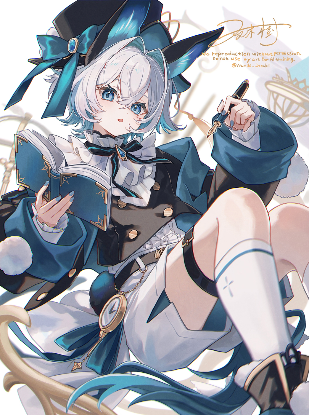 namiki itsuki, original, blue gem, commentary request, highres, 1boy, animal ears, artist name, belt, belt buckle, bib collar, bishounen, black belt, black hat, black jacket, blue bow, blue eyes, blue hair, blue nails, blue tail, book, bow, brooch, buckle, buttons, center frills, colored inner animal ears, colored inner hair, double-breasted, dynamic pose, expressionless, feet out of frame, fingernails, flipped hair, frilled shirt collar, frilled sleeves, frills, gem, hair intakes, hat, hat bow, holding, holding book, holding pen, jacket, jewelry, kneehighs, long sleeves, looking at viewer, male focus, multicolored hair, nail polish, neck ribbon, nib pen (object), open book, open clothes, open jacket, open mouth, pen, pocket watch, pom pom (clothes), rabbit ears, rabbit tail, ribbon, shirt, short hair, short shorts, shorts, side slit, side slit shorts, signature, sleeve cuffs, sleeves past wrists, socks, solo, tail, thigh belt, thigh strap, top hat, triangle mouth, two-tone hair, watch, watermark, white background, white hair, white shirt, white shorts, white socks
