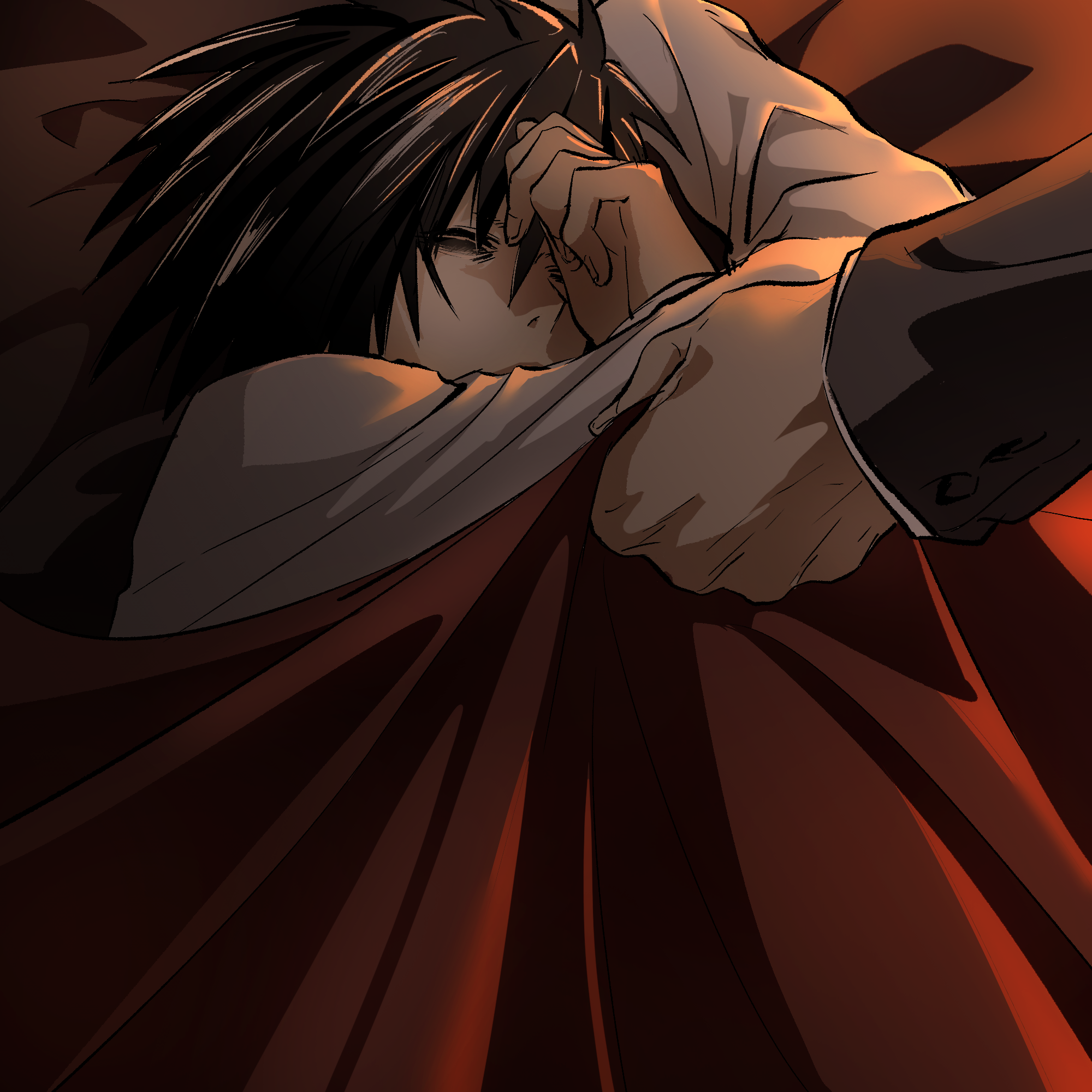 wakana kuraguchi, l (death note), death note, commentary request, highres, 2boys, bags under eyes, bed sheet, black hair, jacket, multiple boys, on bed, out of frame, shirt, short hair, sleeping, suit jacket, under covers, white shirt