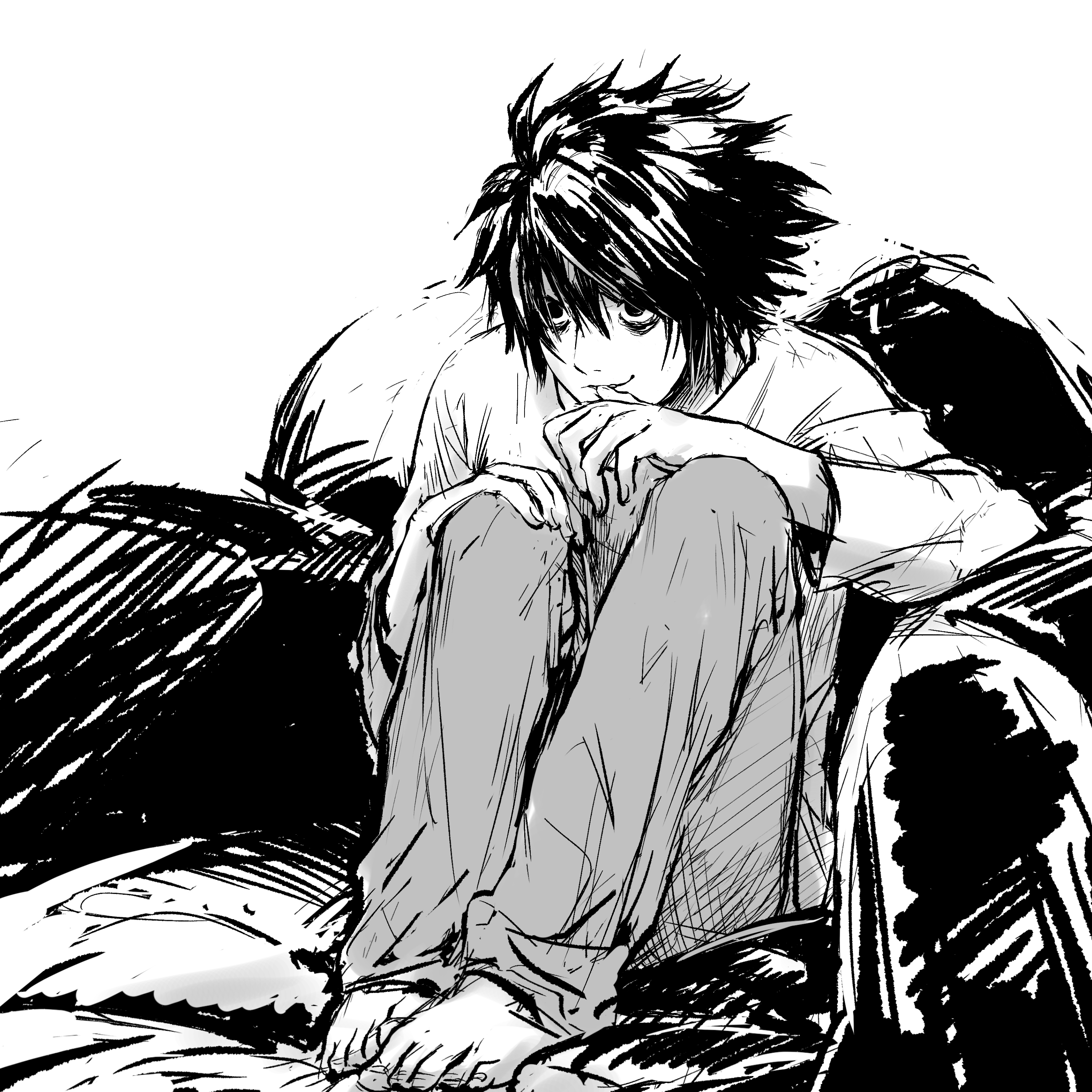 wakana kuraguchi, l (death note), death note, absurdres, commentary request, highres, 1boy, bags under eyes, greyscale, hair between eyes, knees to chest, knees up, long sleeves, male focus, monochrome, short hair, simple background, sitting, solo, thumb to mouth, white background