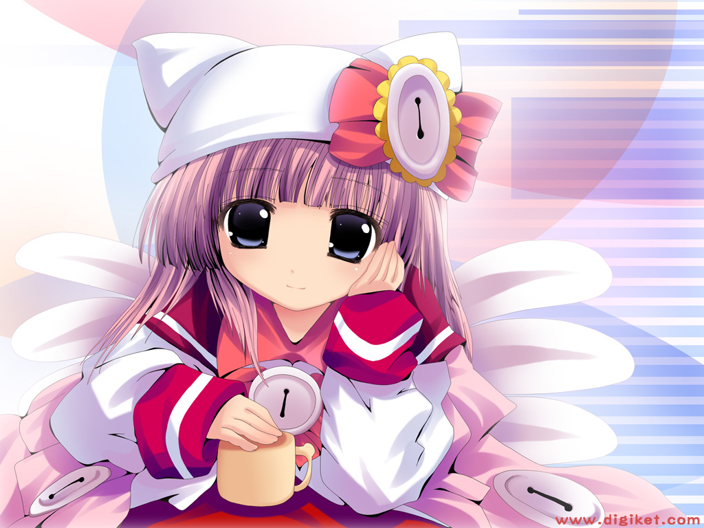 namamo nanase, original, second-party source, 1girl, animal ear headwear, black eyes, blunt bangs, bow, buttons, closed mouth, coat, coffee mug, cup, fake animal ears, gift art, hand on own cheek, hand on own face, hand up, hat, hat bow, head rest, large buttons, long hair, long sleeves, mug, open clothes, open coat, pink coat, pink hair, red bow, red sailor collar, sailor collar, school uniform, serafuku, shirt, sleeves past wrists, smile, solo, watermark, web address, white hat, white shirt