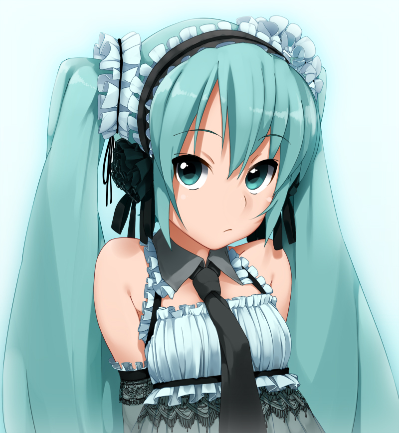 kaisen chuui, hatsune miku, vocaloid, 1girl, :/, aqua eyes, aqua hair, arms behind back, bare shoulders, dress, female focus, lolita fashion, long hair, maid headdress, necktie, solo, twintails