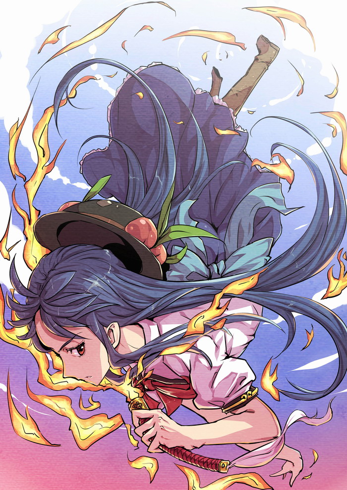 ryuuzaki ichi, hinanawi tenshi, touhou, 1girl, blue hair, female focus, food, fruit, hat, leaf, peach, profile, red eyes, solo, sword, sword of hisou, weapon