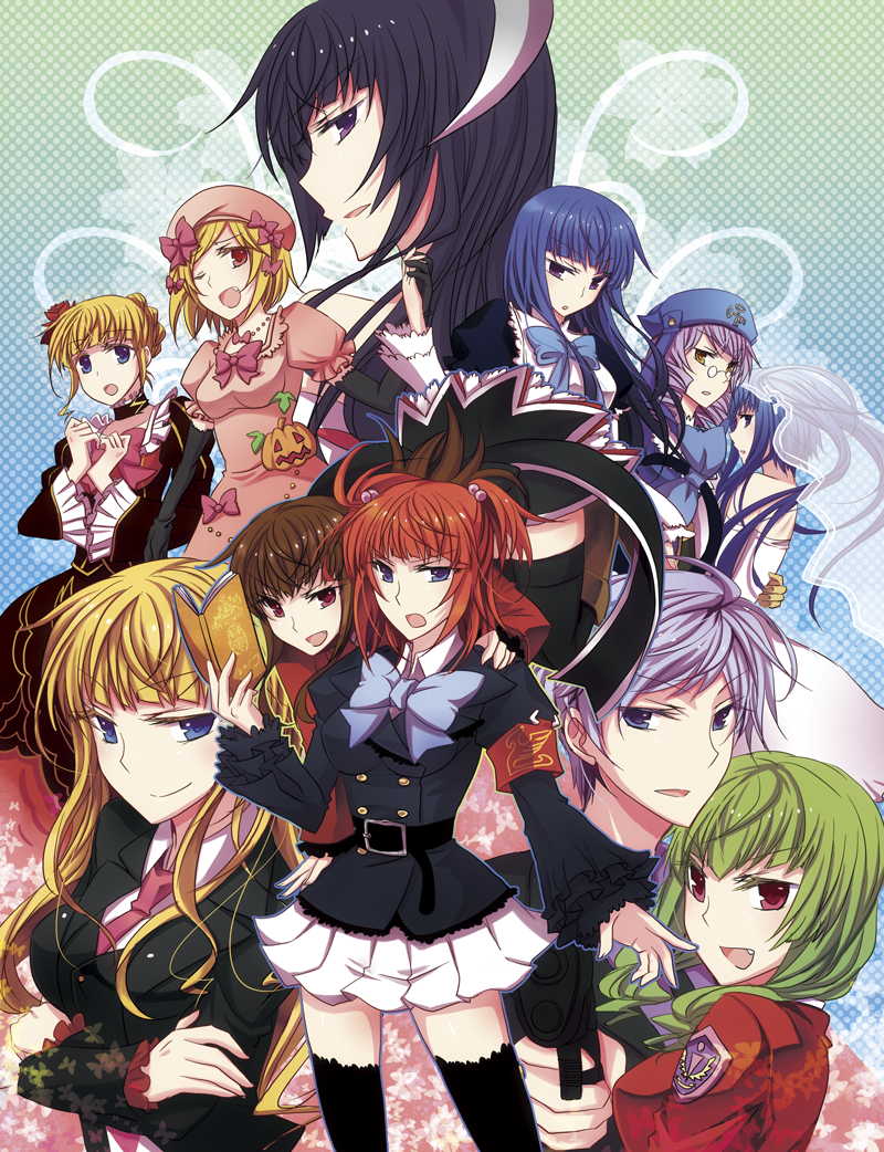 isya, ryukishi07, beatrice (umineko), dlanor a. knox, eiserne jungfrau, featherine augustus aurora, frederica bernkastel, furudo erika, leviathan (umineko), mammon (umineko), stakes of purgatory, ushiromiya ange, ushiromiya kyrie, no naku koro ni (series), umineko no naku koro ni, light purple hair, 6+girls, blue eyes, blue hair, brown hair, dress, drill hair, dual persona, glasses, green hair, hair bobbles, hair ornament, hime cut, multiple girls, thighhighs, wedding dress