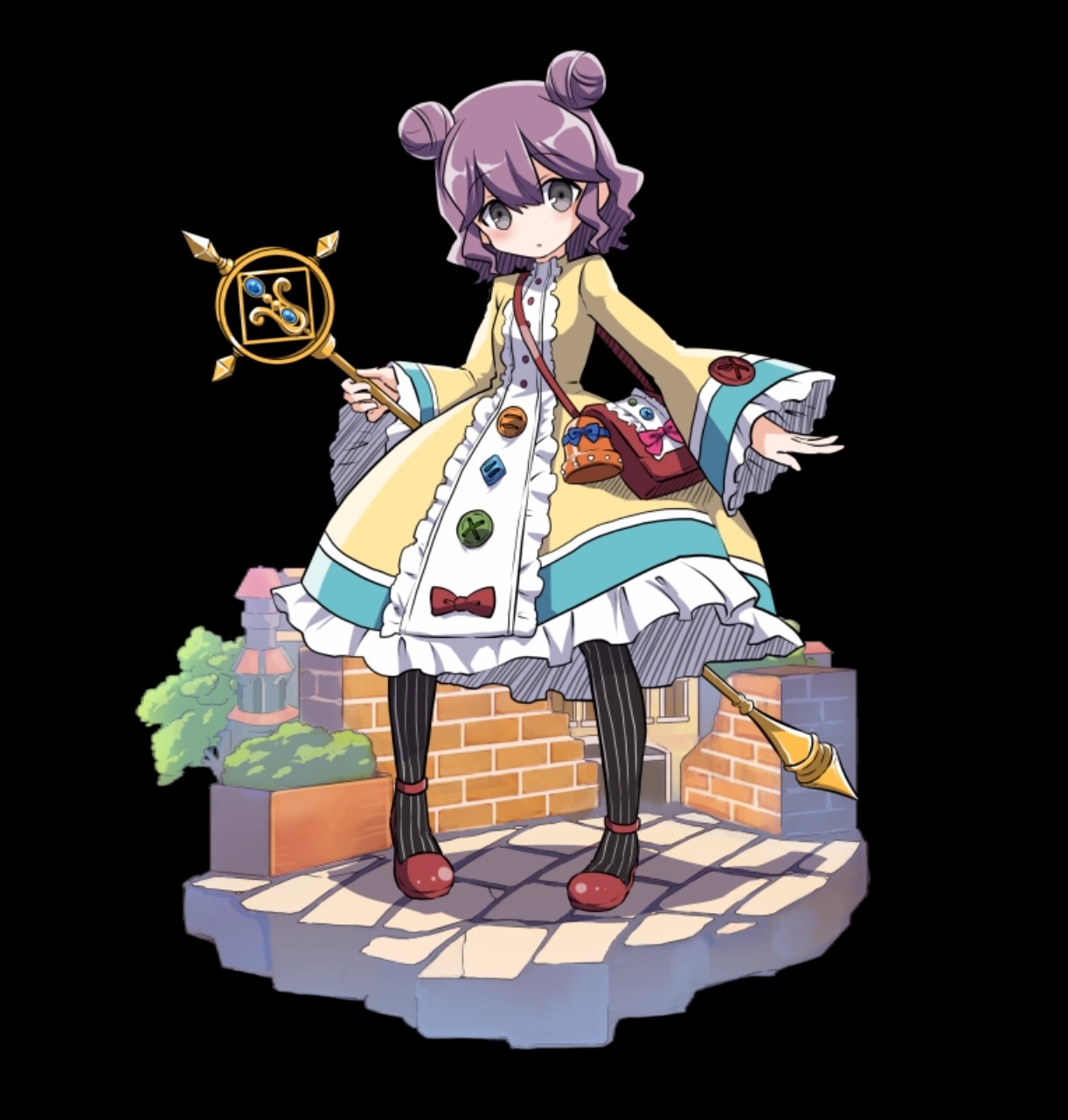 merc storia art team, merc storia, highres, official art, 1girl, bag, black background, black pantyhose, blush, breasts, brick wall, building, closed mouth, double bun, dress, flats, full body, grey eyes, hair between eyes, hair bun, head tilt, holding, holding staff, kanan (merc storia), long sleeves, outstretched arm, pantyhose, purple hair, red shoes, shoes, sidelocks, simple background, small breasts, solo, staff, standing, stone floor, striped clothes, striped pantyhose, tachi-e, tree, vertical-striped clothes, vertical-striped pantyhose, wide sleeves, yellow dress
