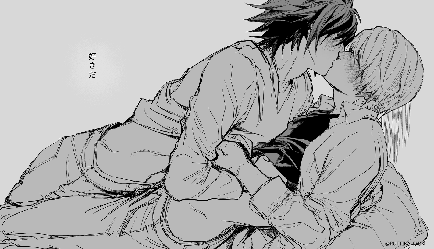 ruttika shin, l (death note), yagami light, death note, commentary, english commentary, translation request, 2boys, blush, boy on top, french kiss, from side, greyscale, kiss, lifting another's clothes, long sleeves, male focus, monochrome, multiple boys, on bed, pants, short hair, simple background, twitter username, white background, yaoi