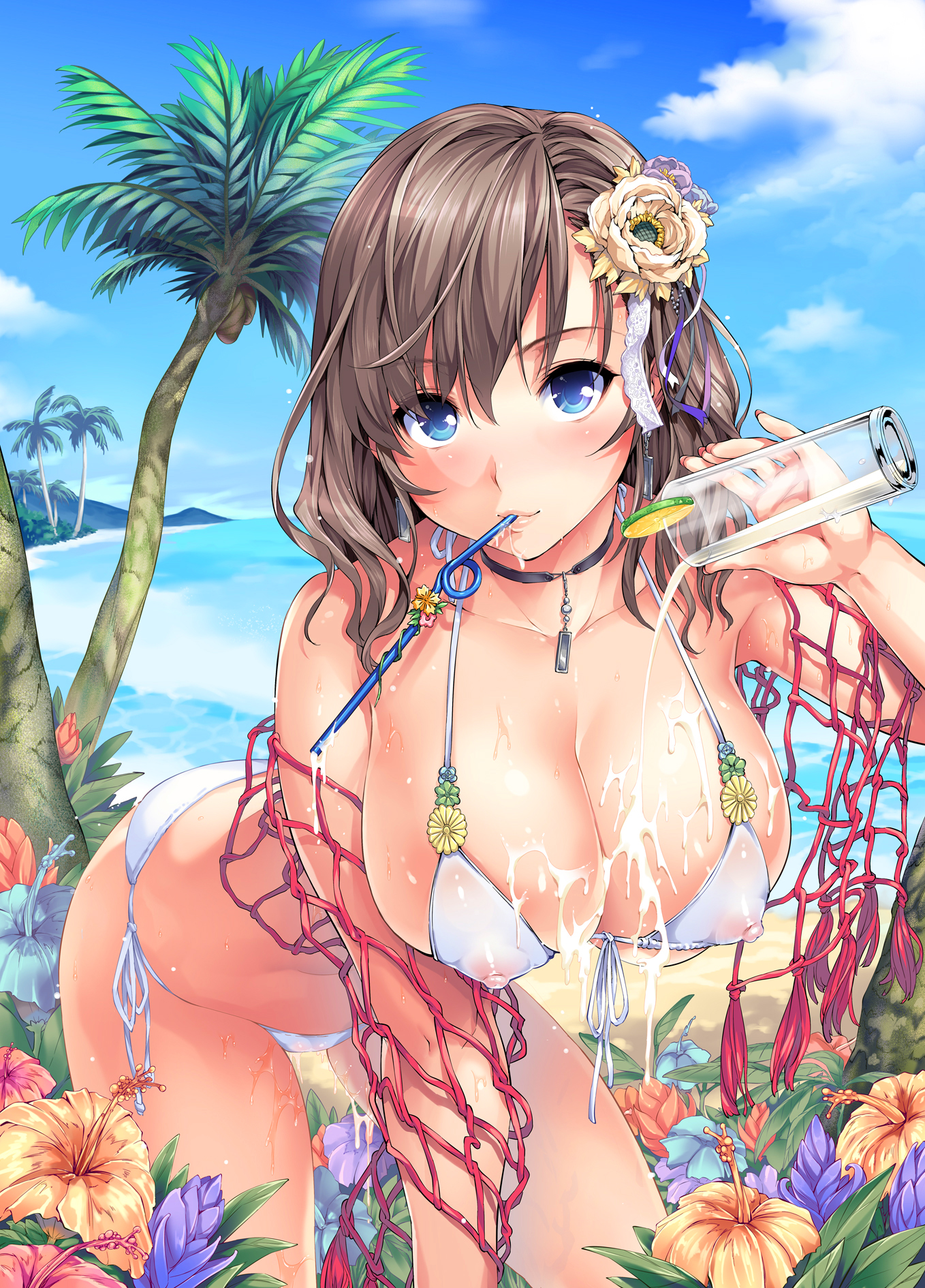 hikapan, saeki shun, tosh (imonade ryouchou), ichijou manami, menkui!, original, highres, 1girl, all fours, beach, bendy straw, bikini, blue eyes, breasts, brown hair, choker, cleavage, cloud, covered erect nipples, cup, day, drink, drinking straw, female focus, flower, food, front-tie top, fruit, hair flower, hair ornament, hibiscus, large breasts, leaning forward, lime (fruit), lips, looking at viewer, micro bikini, mouth hold, nipples, ocean, outdoors, palm tree, see-through clothes, sexually suggestive, short hair, side-tie bikini bottom, sky, solo, spill, spilling, suggestive fluid, swimsuit, tree, water, wet, white bikini