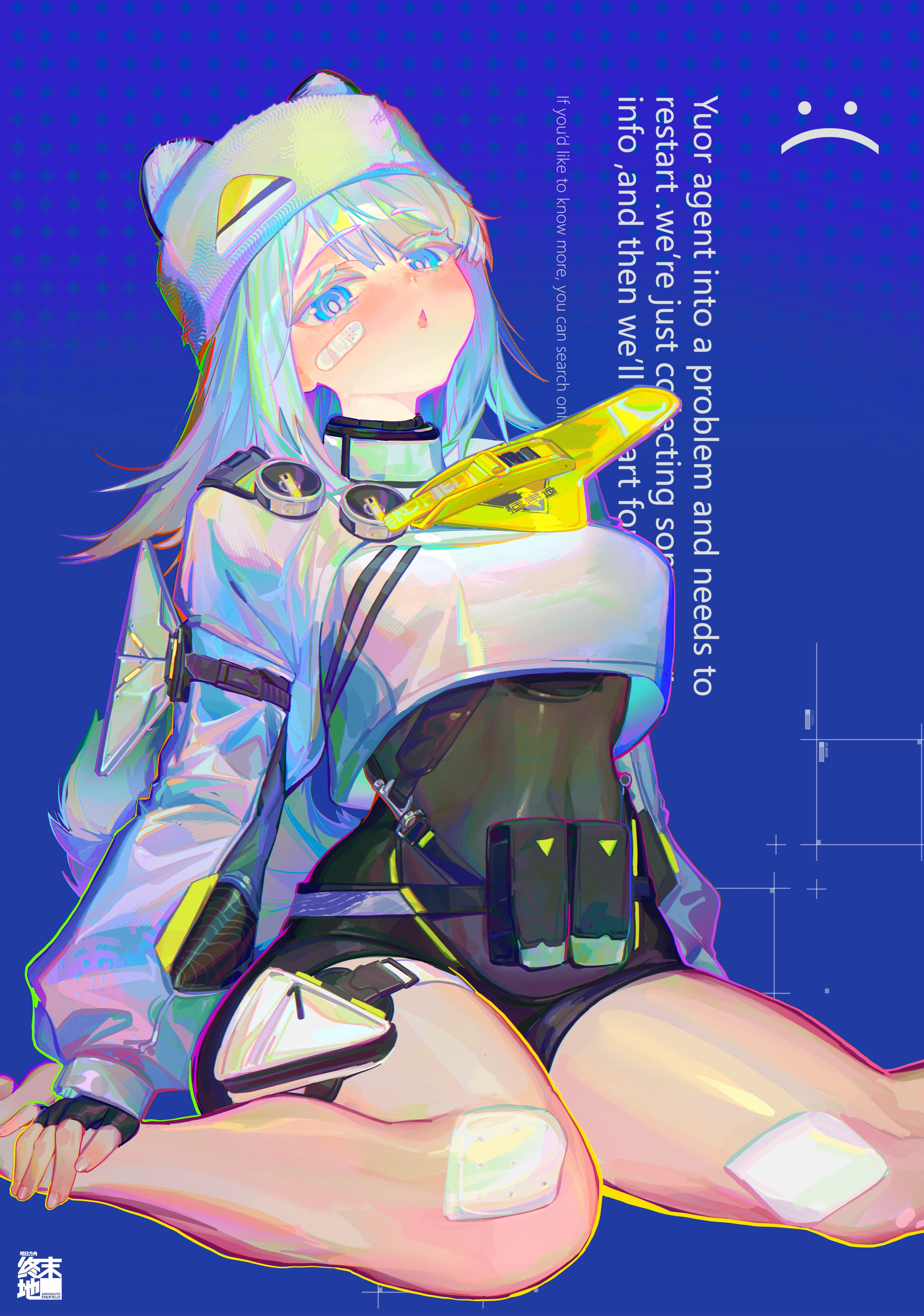 jian jia, estella (arknights), arknights, arknights: endfield, absurdres, commentary, highres, 1girl, animal hat, bandaid, bandaid on cheek, bandaid on face, black gloves, blue background, blue eyes, blue hair, blue screen of death, blush, bright pupils, cat hat, chestnut mouth, copyright logo, copyright name, endfield industries logo, english text, fang, fingerless gloves, gauze on knee, gloves, hat, logo, looking at viewer, pouch, shorts, shrug (clothing), sitting, skin fang, solo, tail, text background, wariza, white hat, white shrug