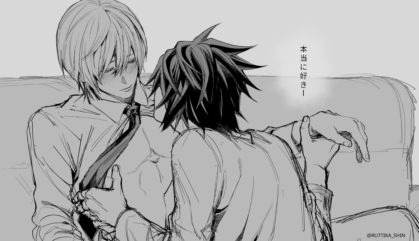 ruttika shin, l (death note), yagami light, death note, commentary, english commentary, translation request, 2boys, blush, closed mouth, collared shirt, couch, eye contact, greyscale, holding another's wrist, long sleeves, looking at another, male focus, monochrome, multiple boys, necktie, nipple stimulation, on couch, open clothes, open shirt, shirt, short hair, simple background, sitting, twitter username, white background, yaoi