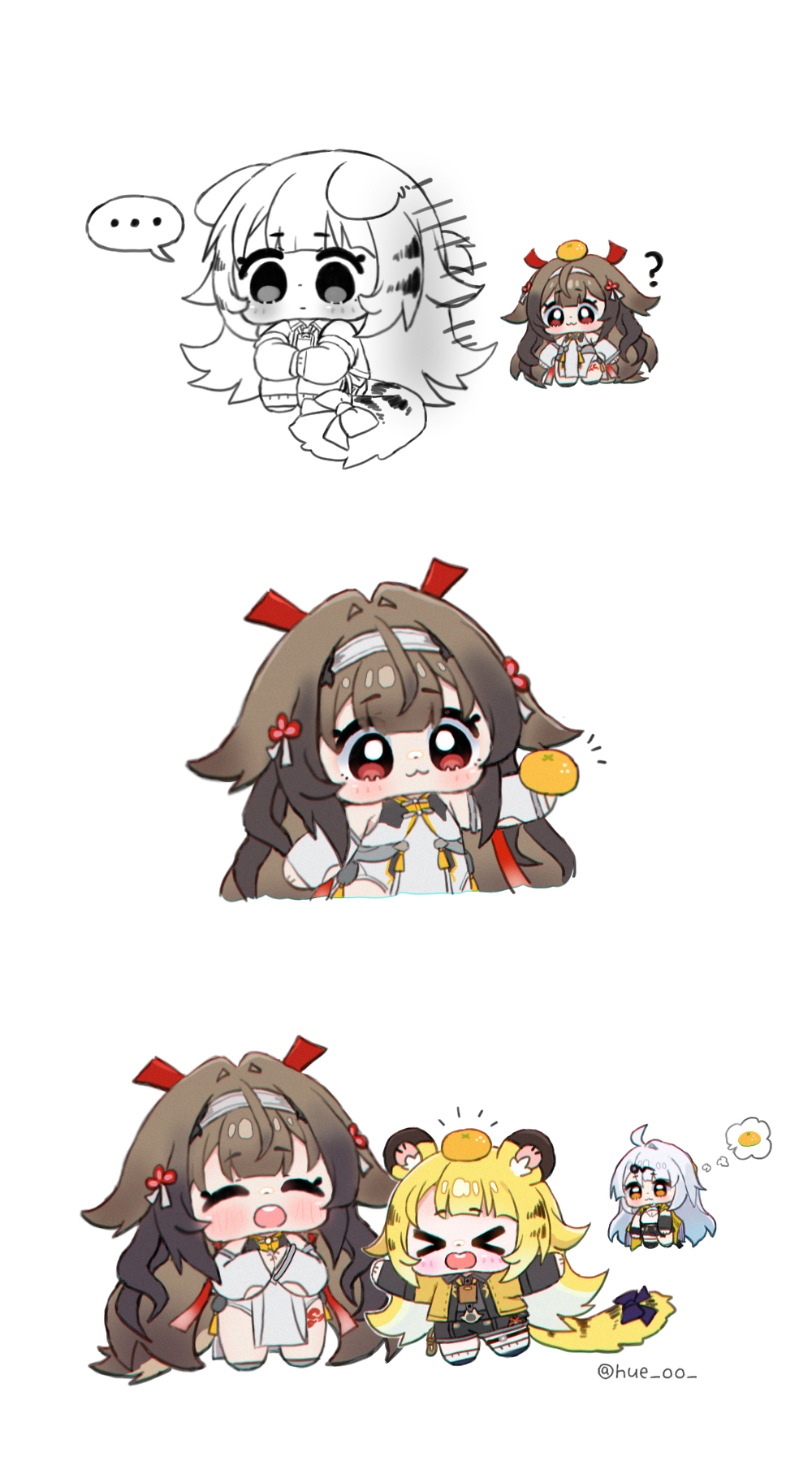 hue oo, ju fufu, ye shunguang, yixuan (zenless zone zero), zenless zone zero, commentary, highres, symbol-only commentary, > <, …, 3girls, :3, ?, ahoge, animal ear fluff, animal ears, asymmetrical gloves, bare shoulders, black gloves, black unitard, blush, bow, brown hair, chibi, chibi only, china dress, chinese clothes, closed eyes, closed mouth, clover, clover hair ornament, colored inner hair, dress, droopy ears, elbow gloves, food, food on head, fruit, fruit on head, gloves, hair ornament, hairband, hairpin, holding, holding food, holding fruit, jacket, long hair, mandarin orange, multicolored hair, multiple girls, object on head, open mouth, orange eyes, pelvic curtain, red eyes, simple background, single elbow glove, speech bubble, spoken ellipsis, spoken food, striped fur, striped hair, tail, tail bow, tail ornament, teeth, thought bubble, tiger ears, tiger girl, tiger stripes, tiger tail, twitter username, uneven gloves, upper teeth only, very long hair, white background, white dress, white hair, white hairband, yellow jacket