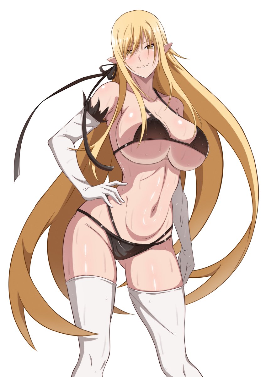 kakukakusan, kiss-shot acerola-orion heart-under-blade, oshino shinobu, bakemonogatari, kizumonogatari, monogatari (series), commentary request, 1girl, bare shoulders, bikini, black bikini, blonde hair, blush, breasts, cleavage, closed mouth, collarbone, elbow gloves, feather-trimmed gloves, feather trim, gloves, gluteal fold, hair between eyes, hair over eyes, hair ribbon, hand on own hip, large breasts, layered bikini, long hair, looking at viewer, micro bikini, navel, pointy ears, ribbon, simple background, smile, solo, standing, stomach, swimsuit, thigh gap, thighhighs, thighs, vampire, very long hair, water, wet, wet clothes, wet swimsuit, white background, white gloves, white thighhighs, yellow eyes