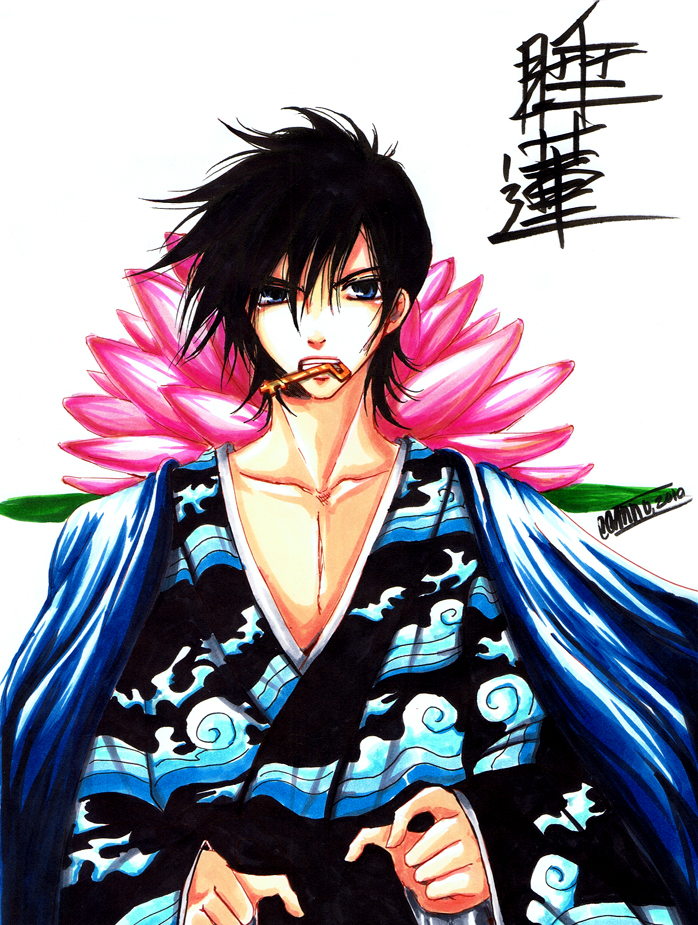 ccann, bad deviantart id, bad id, 1boy, black hair, blue eyes, cape, key, long sleeves, looking at viewer, male focus, mouth hold, simple background, solo, upper body, white background